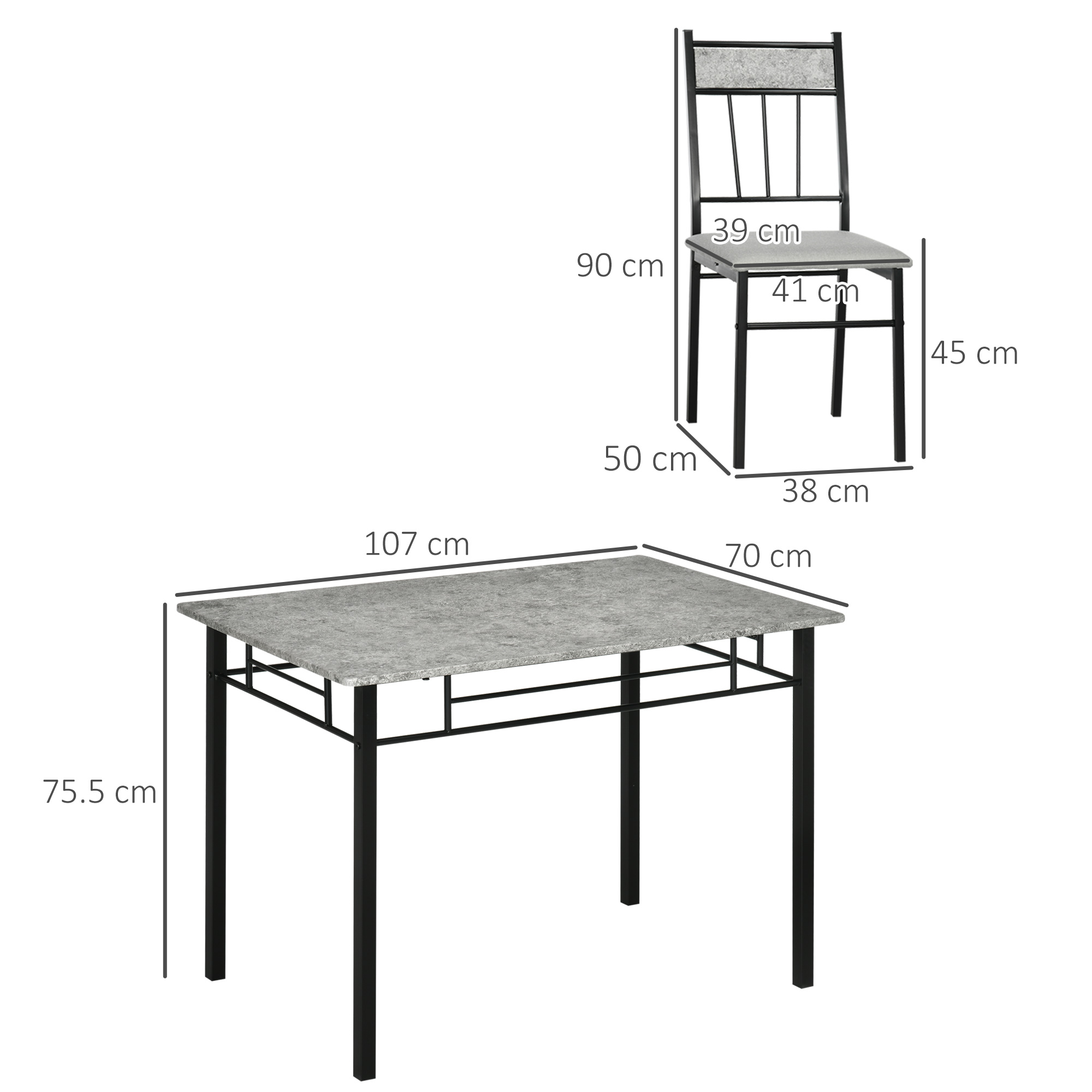 Tavolo e sedia. Il tavolo ha un piano grigio e gambe nere. La sedia è grigia.