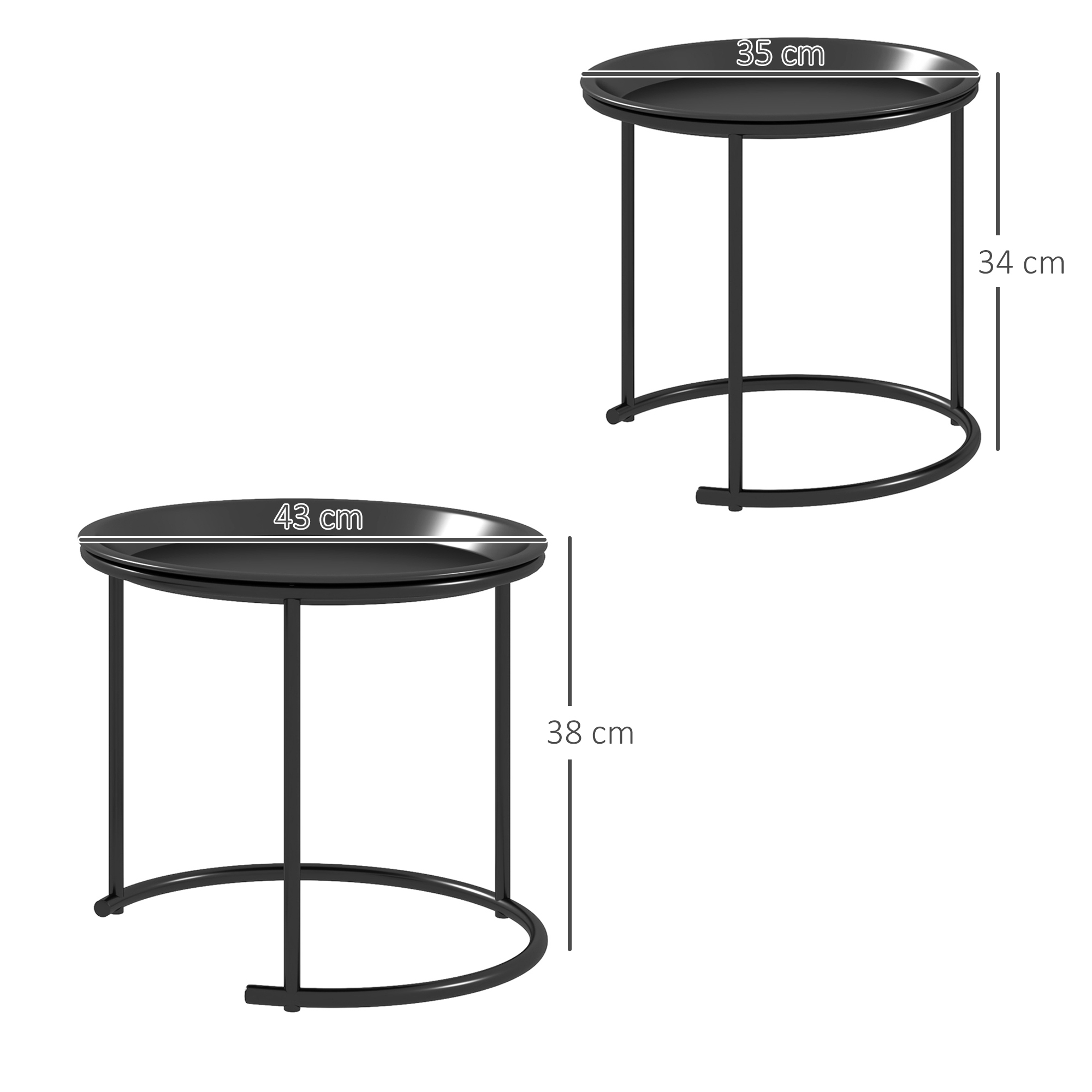 Due tavolini neri con base curva. Piani circolari con dimensioni indicate.