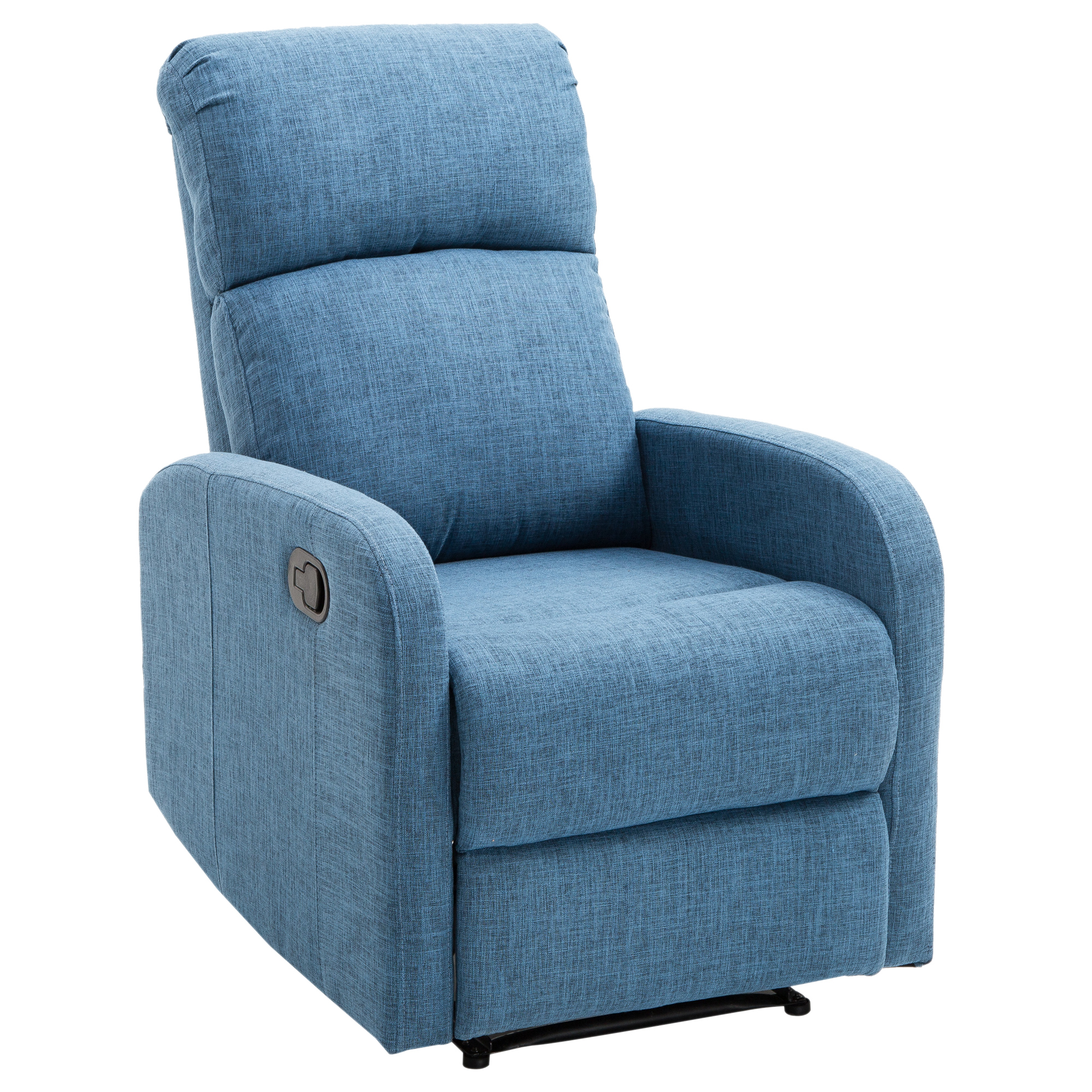 Poltrona reclinabile blu. Ha poggiatesta, braccioli e sfondo bianco.