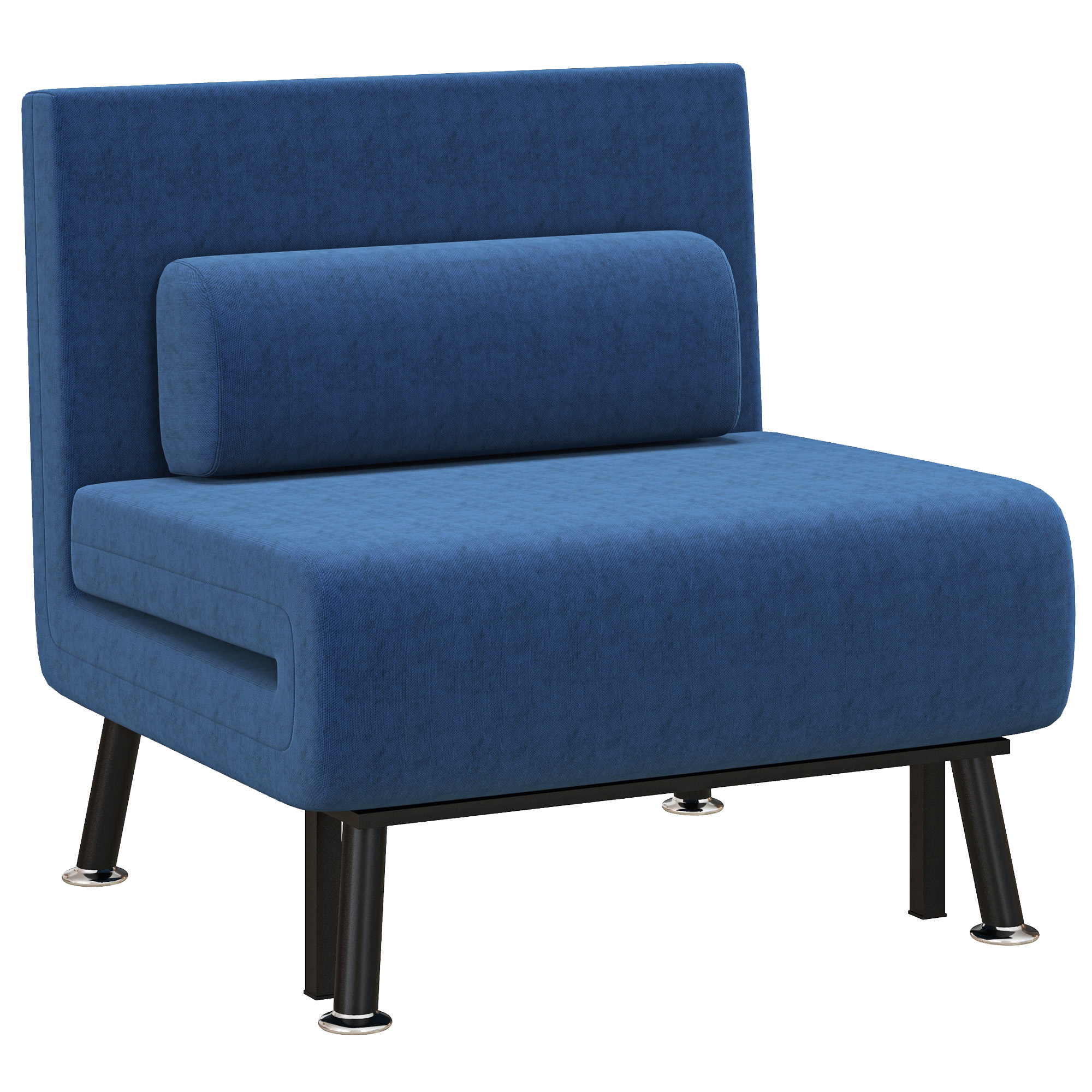 Sedia blu con cuscino a rullo. Gambe nere. Sfondo bianco.