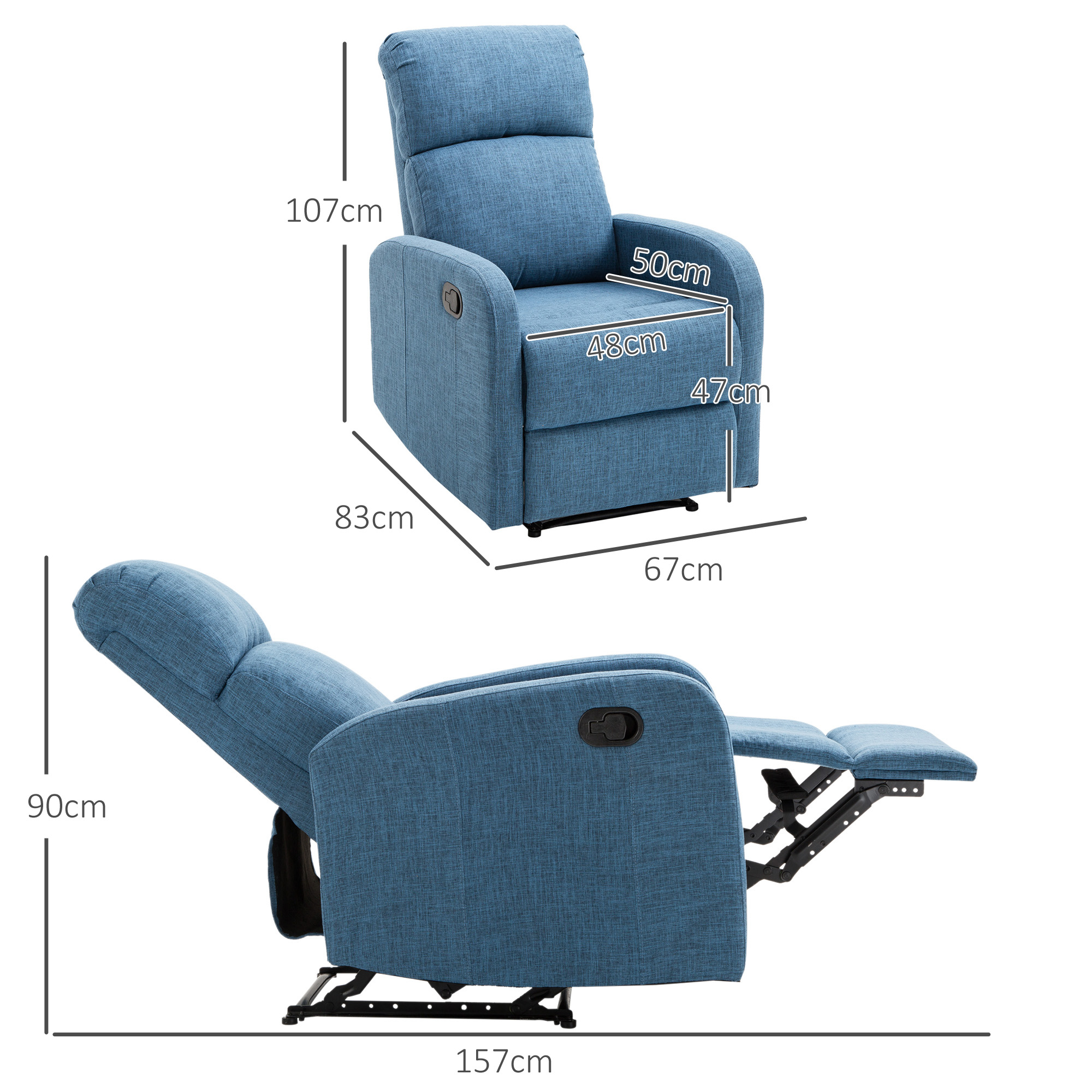 Poltrona reclinabile blu. Vengono mostrate le dimensioni, anche quando il poggiapiedi è su e giù. Ha una base nera.