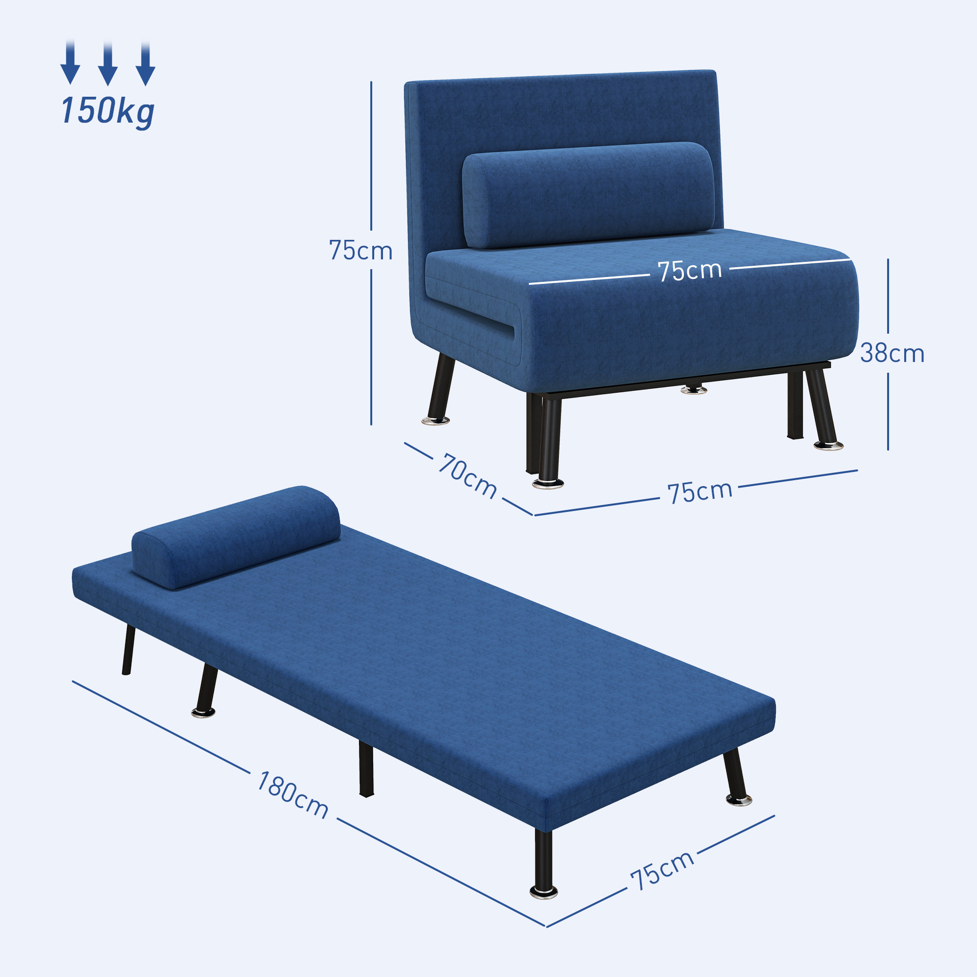 Sedia-letto blu con dimensioni. Mostra la sedia piegata e aperta, con peso massimo.