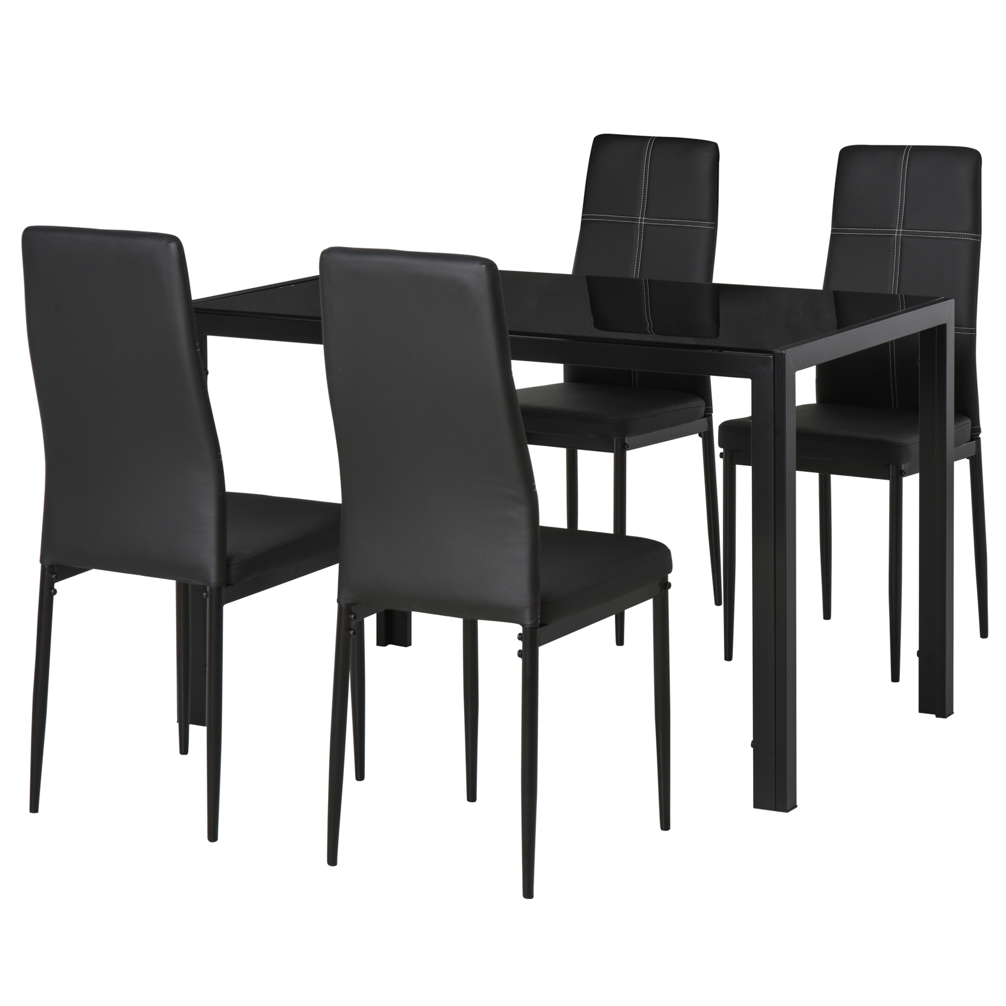 Tavolo da pranzo nero con quattro sedie nere. Il tavolo ha un piano in vetro e gambe in metallo. Sfondo bianco.