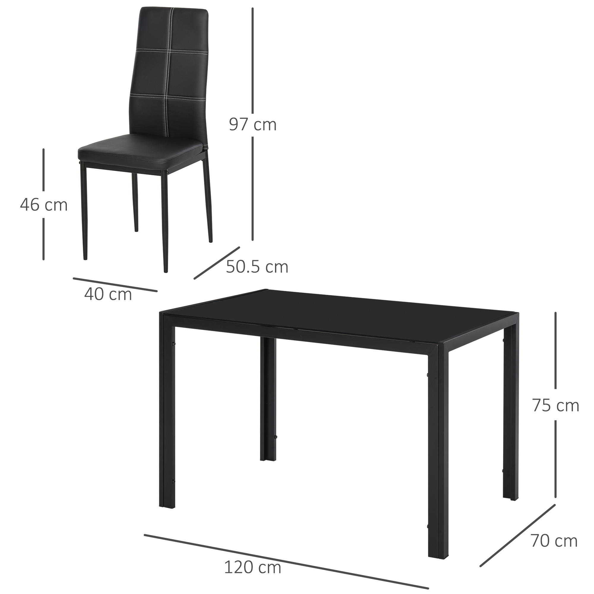 Set tavolo e sedie da pranzo neri. Sedia nera con cuciture bianche. Dimensioni indicate.