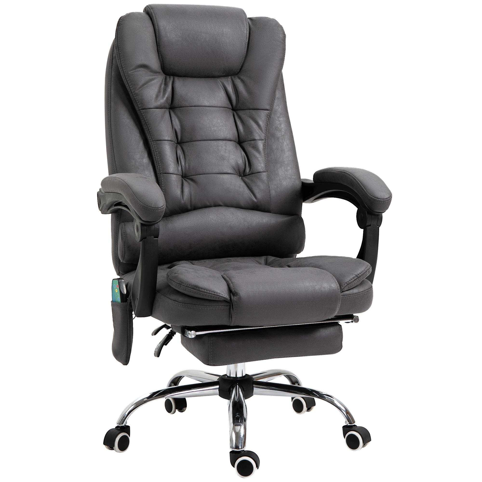 Una sedia da ufficio in pelle nera con poggiatesta, braccioli e poggiapiedi, su sfondo bianco.