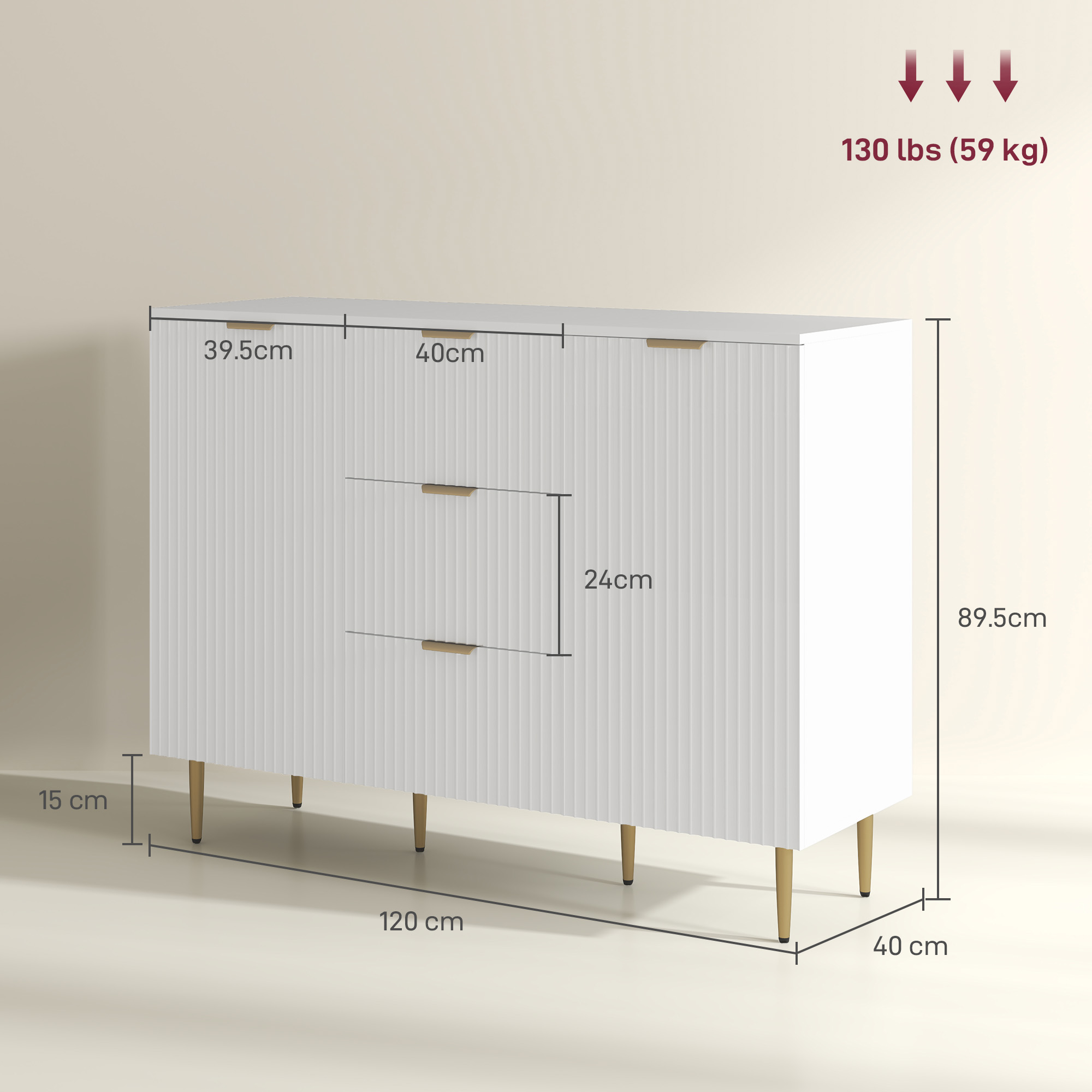 Un comò bianco con etichette di dimensioni e capacità di peso.