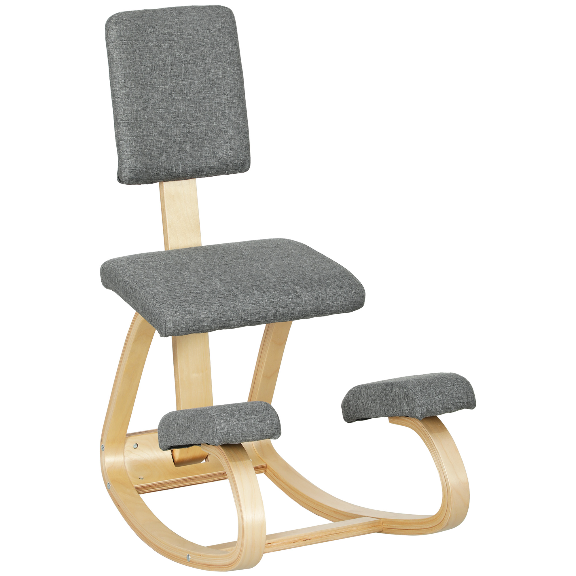 Sedia ergonomica grigia con struttura in legno e seduta e ginocchiere grigie.