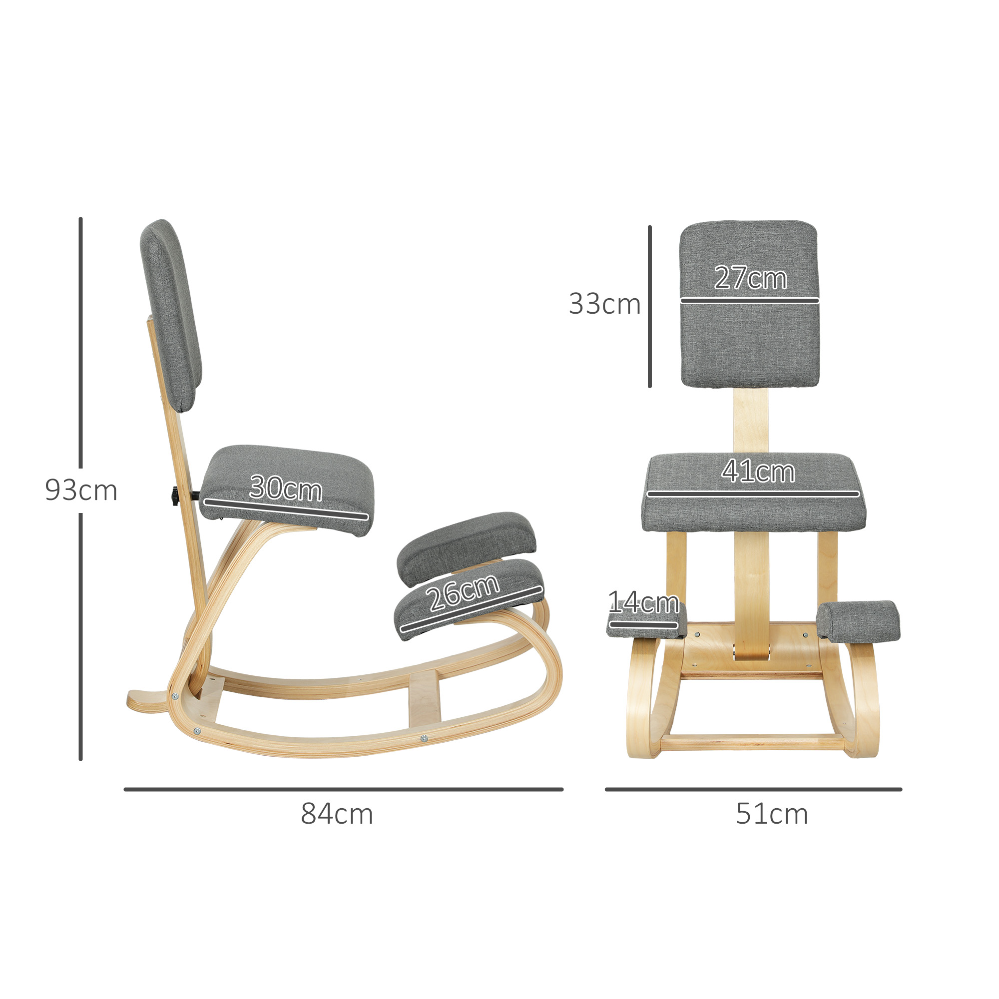 Sedia ergonomica in legno con misure. Sedile e schienale grigi. Sfondo bianco.