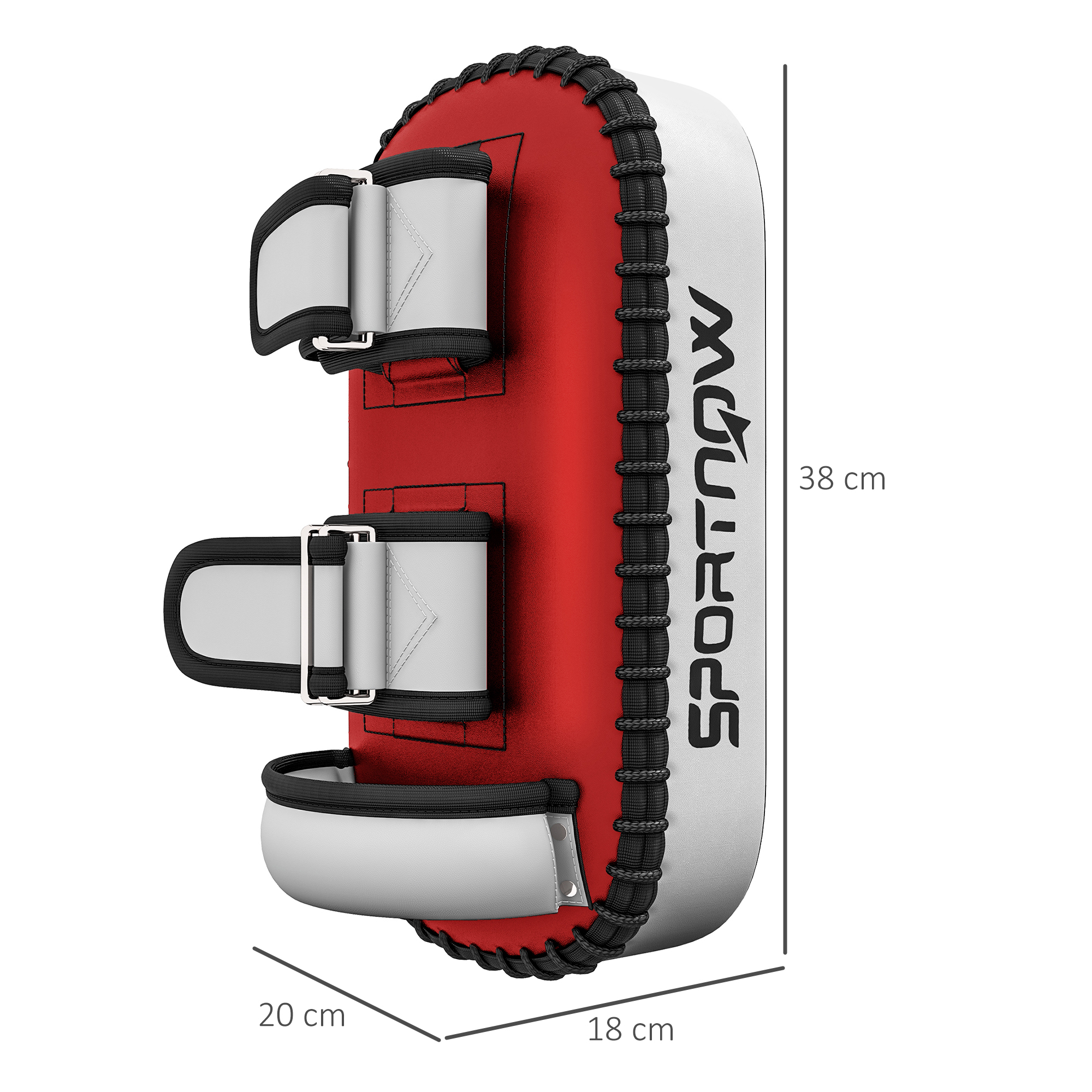 Paratibie da kickboxing rosse e bianche con cinghie. Cuciture nere e SPORTNOW.