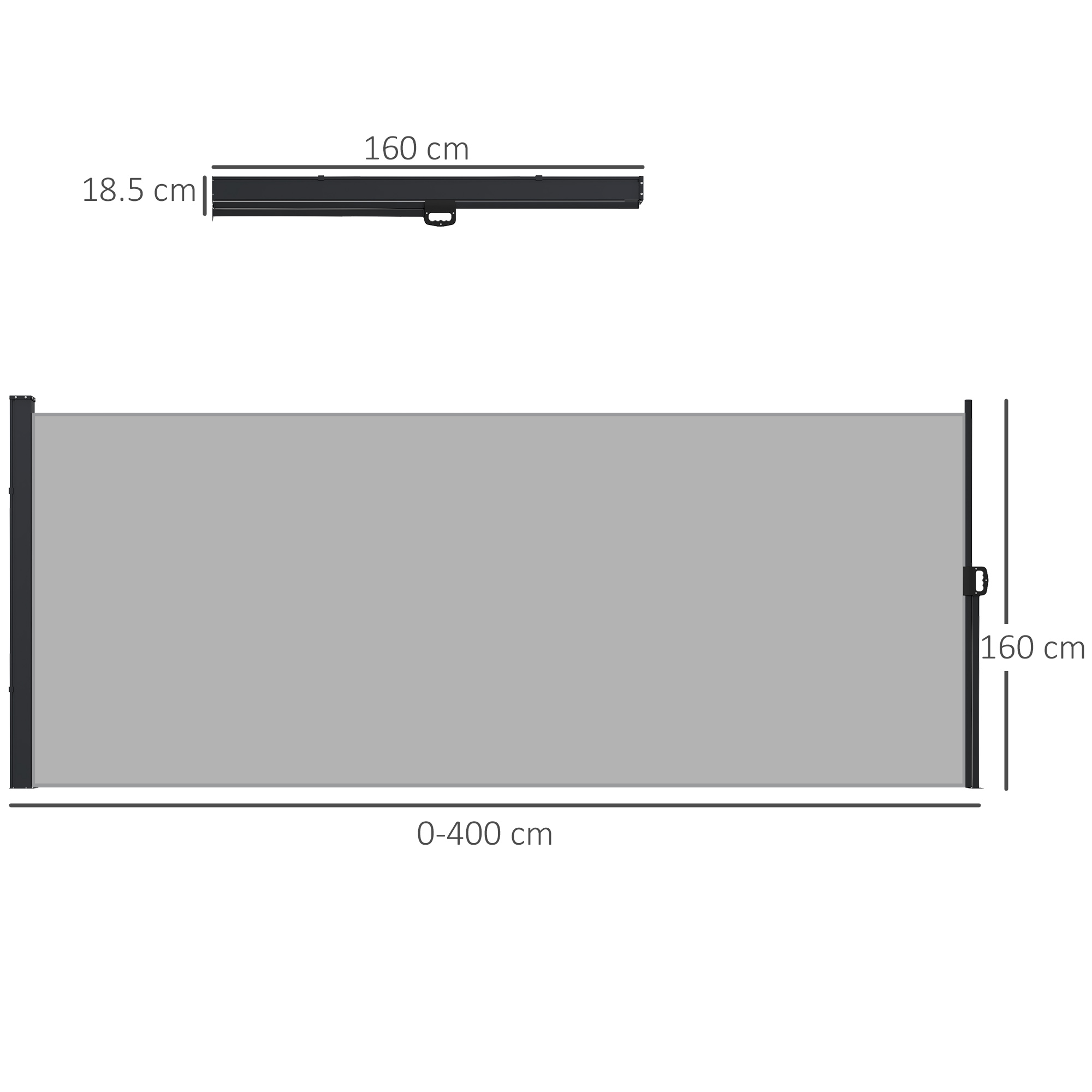 Schermo grigio retrattile, con dimensioni di 0-400 cm x 160 cm, cornice nera, sfondo bianco.