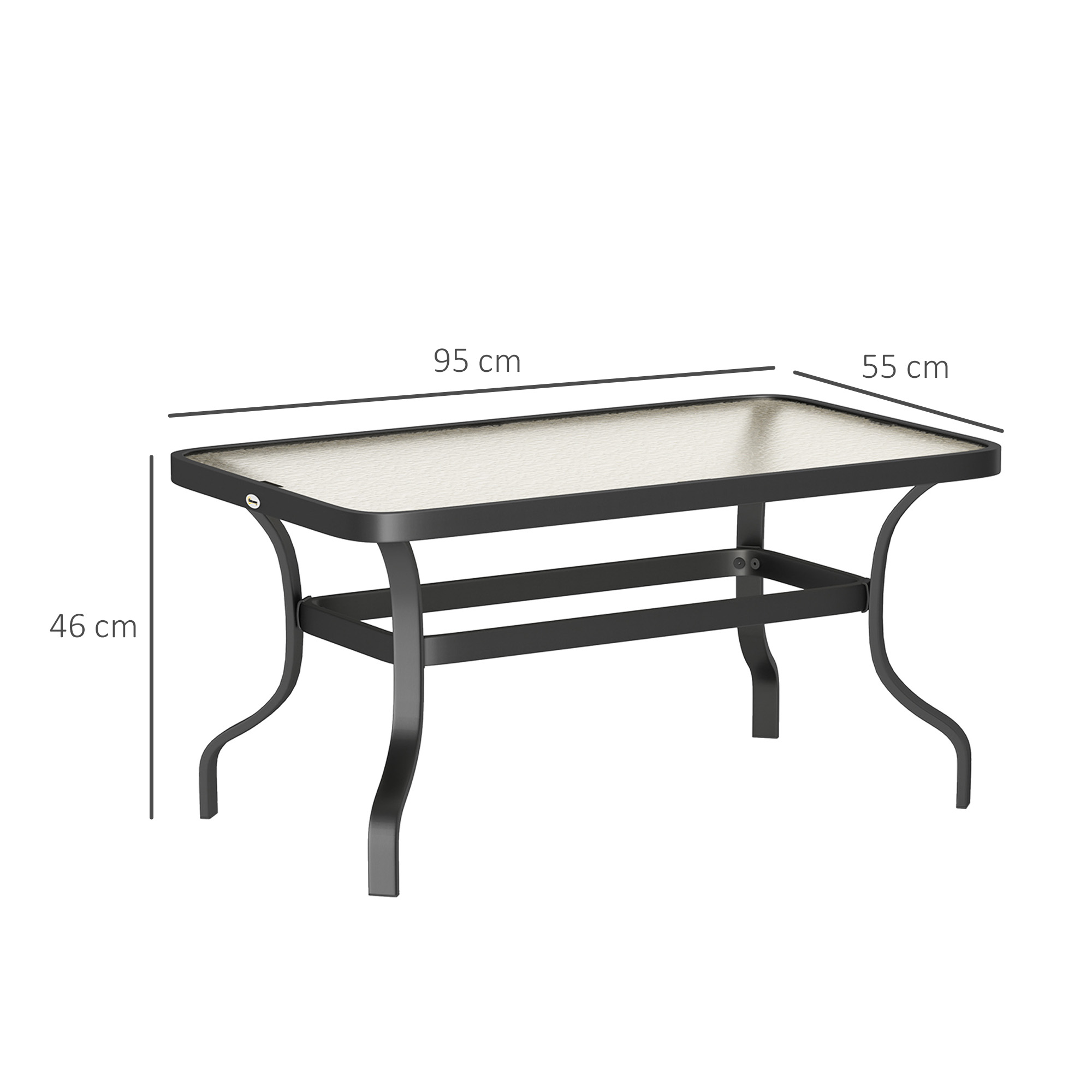 Tavolo rettangolare in vetro. Dimensioni: 95cm x 55cm x 46cm. Struttura e gambe in metallo nero.