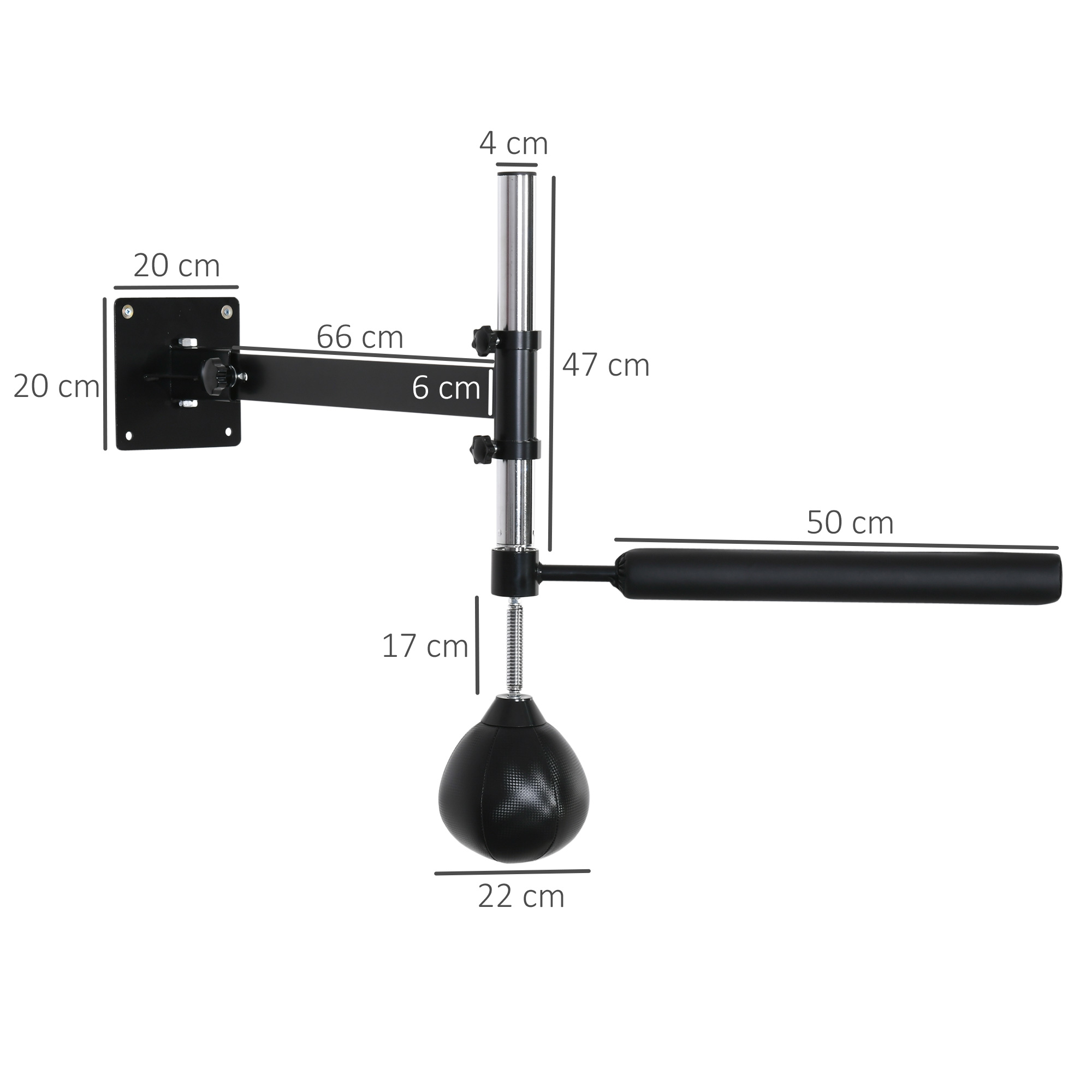 Sacco da boxe montato a parete con dimensioni in cm.