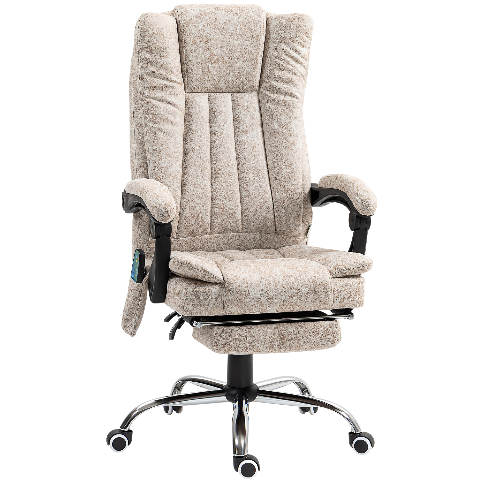 Poltrona massaggiante beige con poggiapiedi. Base cromata, braccioli neri.