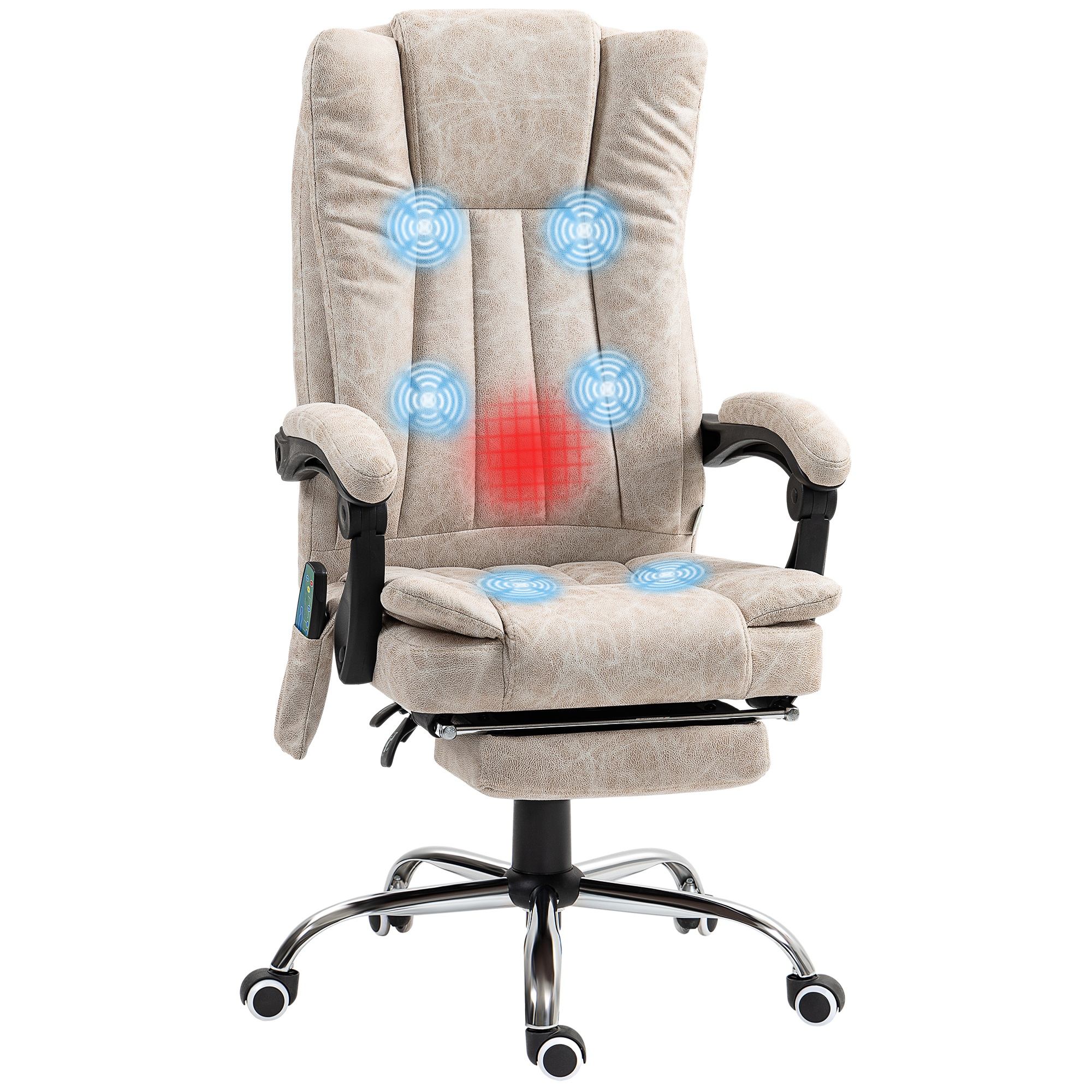 Poltrona massaggiante beige con punti massaggio rossi/blu. Braccioli, poggiapiedi e ruote su base cromata.