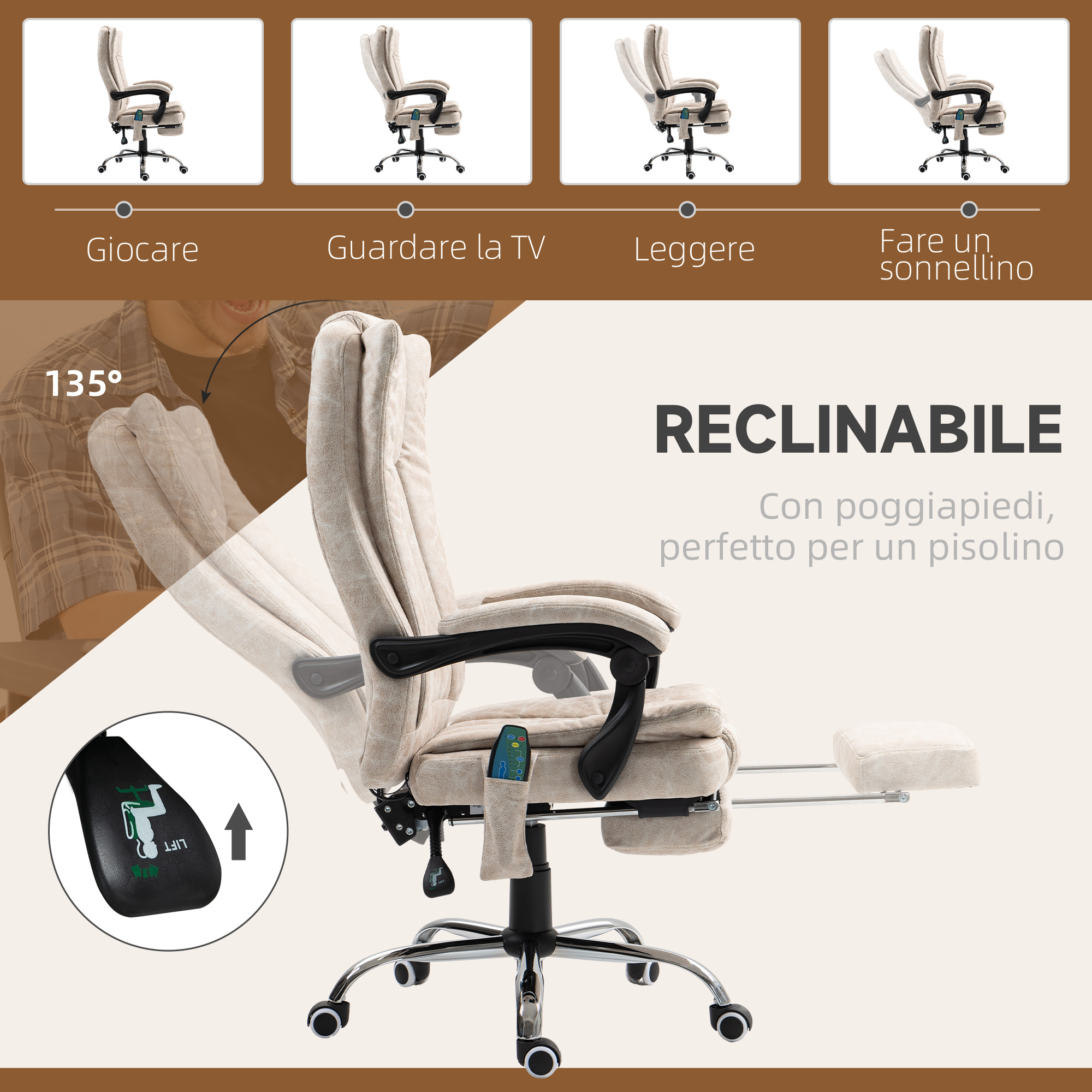 Una sedia da ufficio beige regolabile con poggiapiedi, perfetta per un pisolino. Quattro immagini mostrano posizioni.