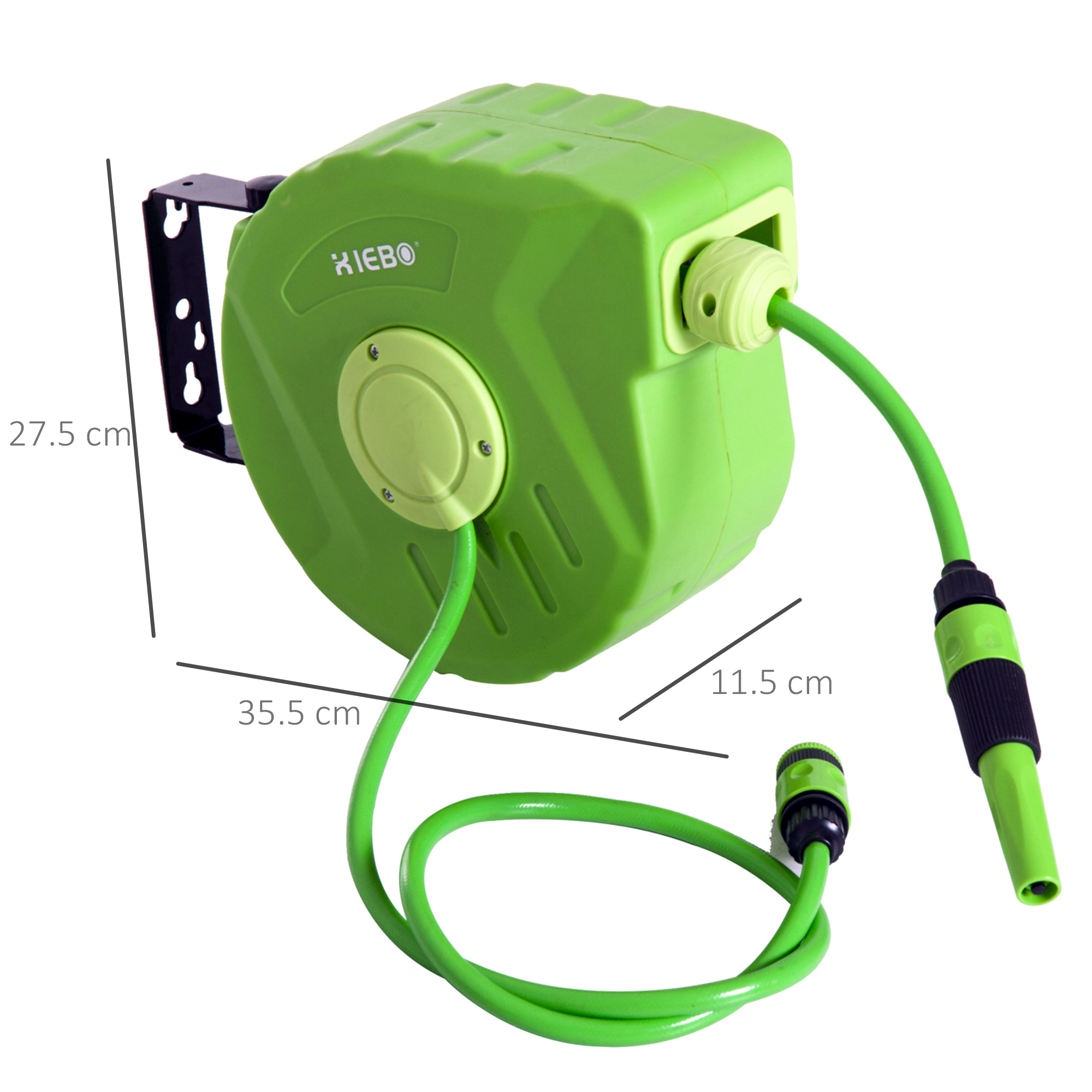 Avvolgitubo verde con dimensioni indicate. Il tubo si estende a destra. Sfondo bianco.