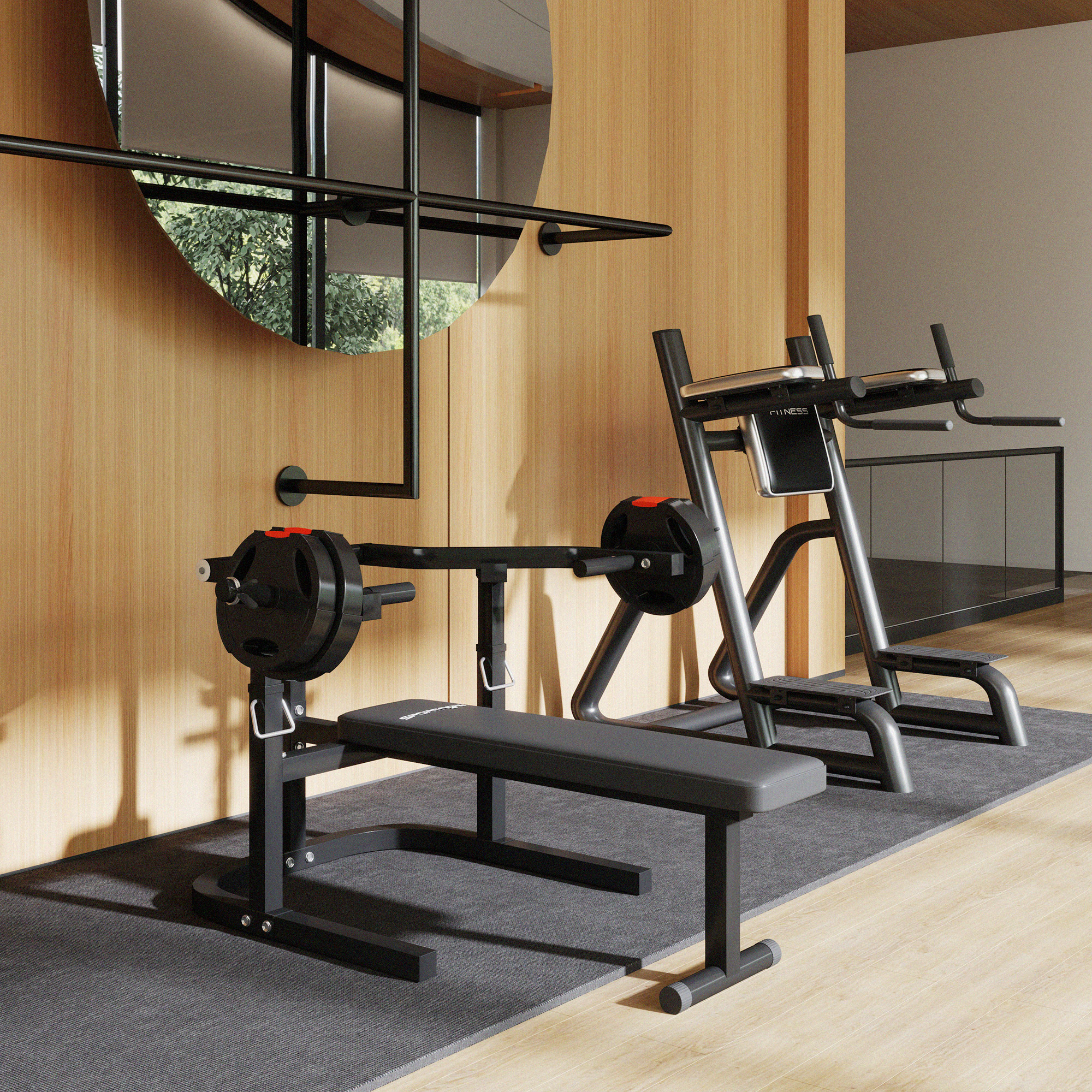 Un allestimento di palestra domestica con panca, bilanciere e parallele, contro una parete di legno e uno specchio.