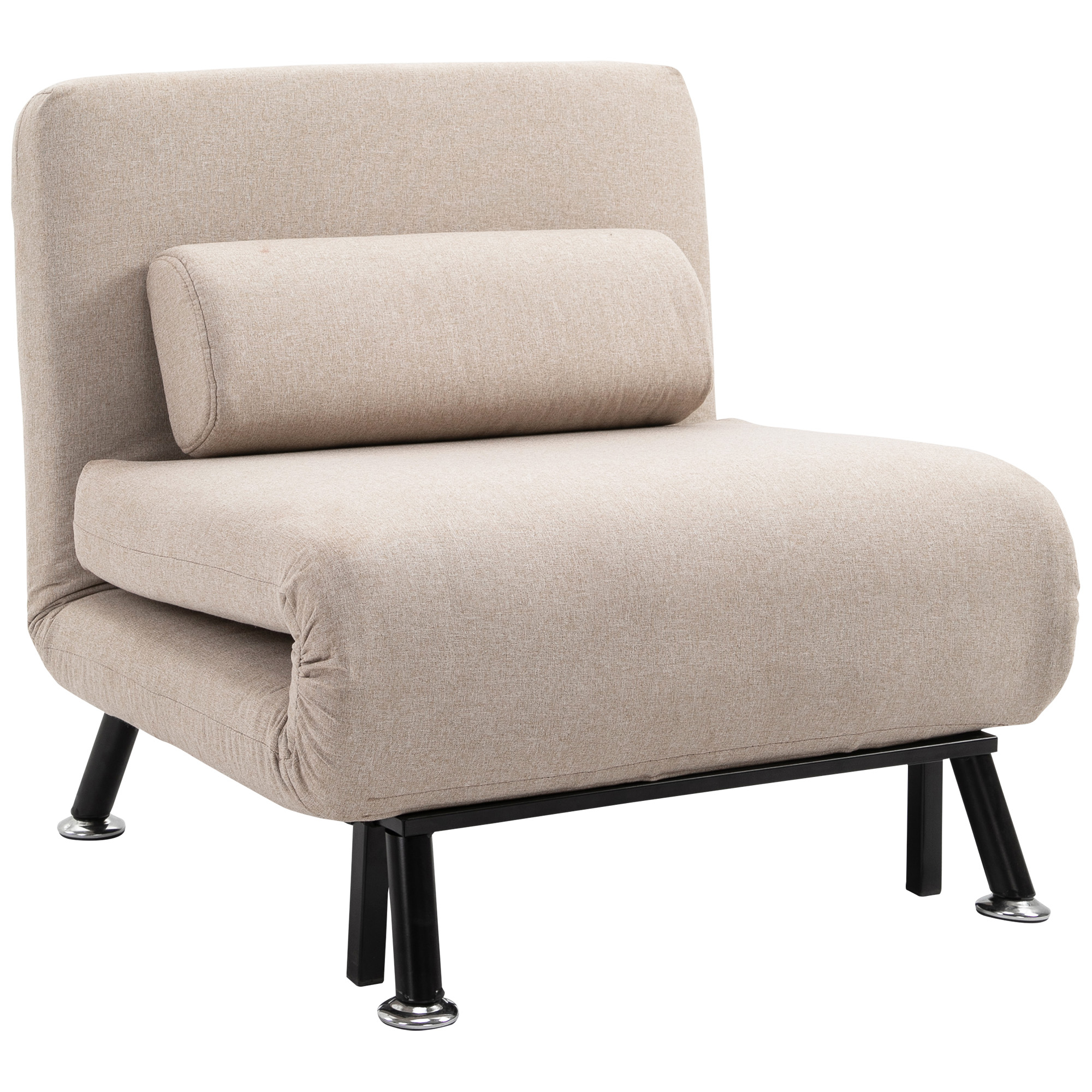 Divano letto beige aperto. Ha un cuscino cilindrico.