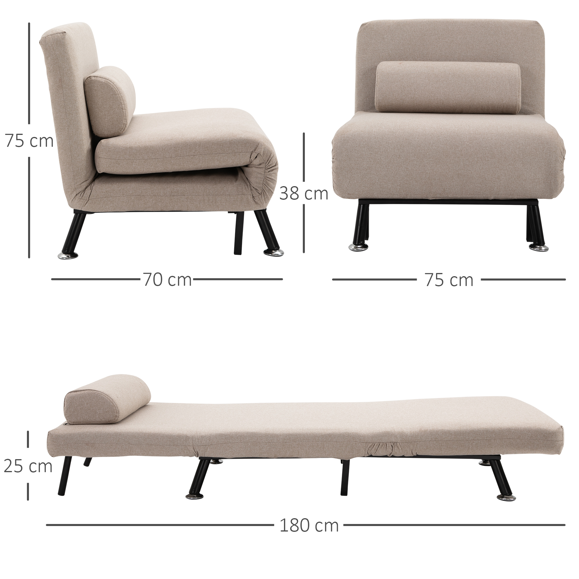 Divano letto beige con dimensioni indicate. Si trasforma in letto e ha un poggiatesta.