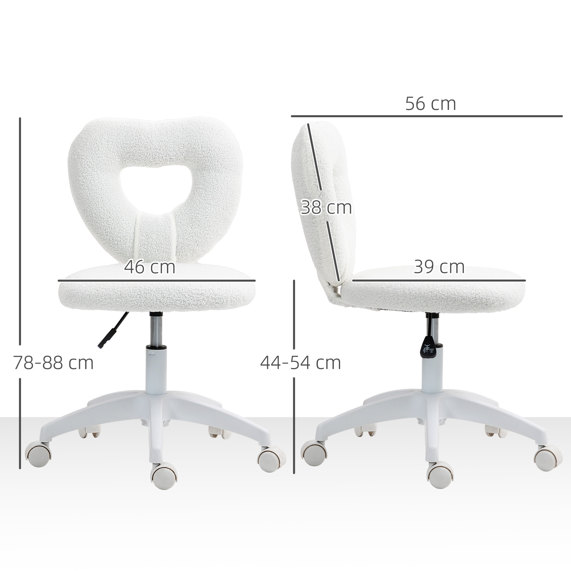 Sedia da ufficio bianca con schienale a forma di cuore. Le dimensioni sono indicate per altezza, larghezza e seduta.