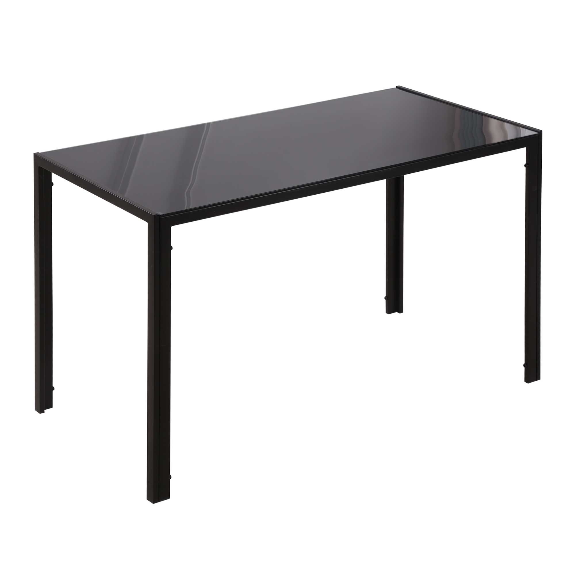 Tavolo da pranzo rettangolare nero con gambe in metallo. Sfondo bianco, design minimalista, senza sedie.