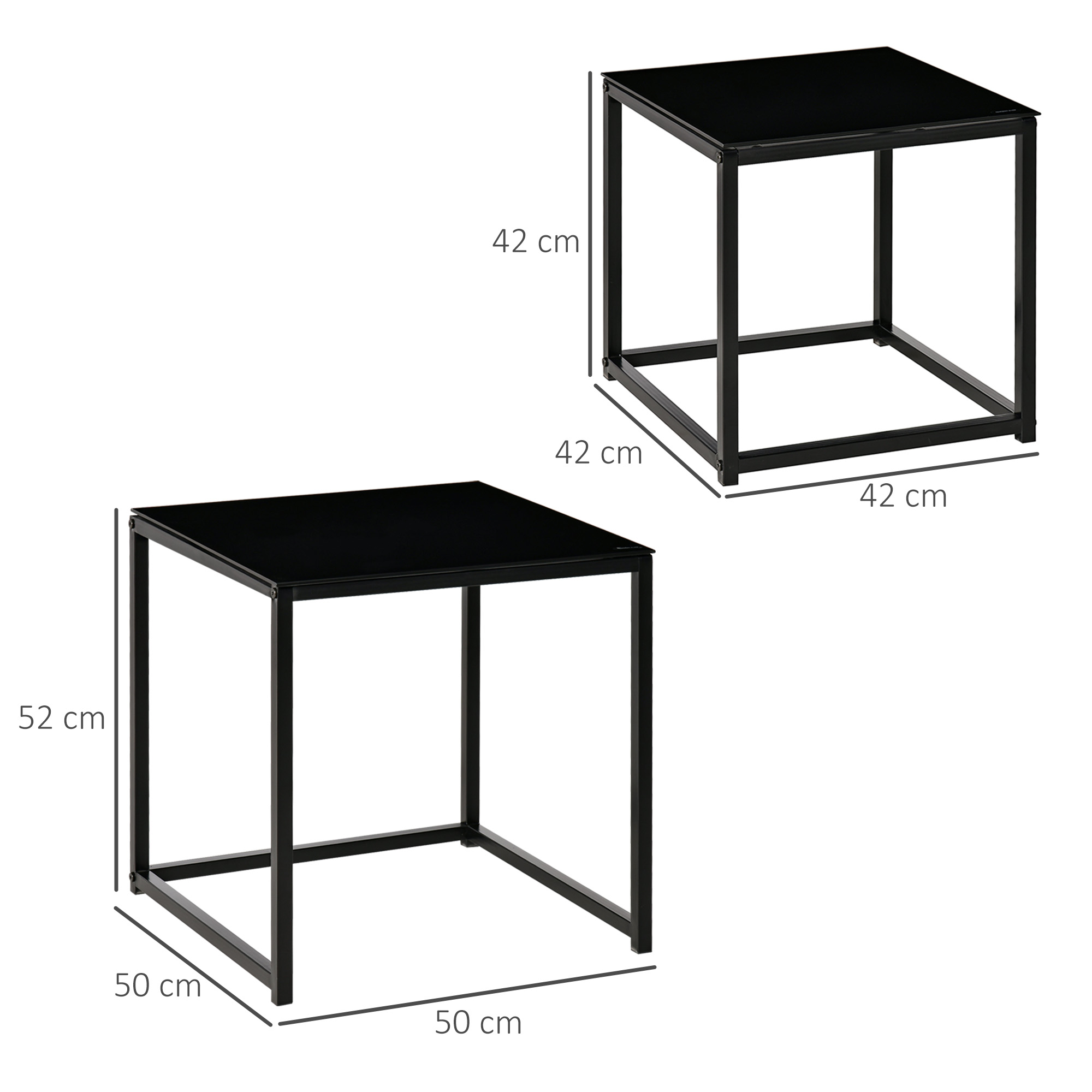 Tavolini quadrati neri con struttura in metallo. Misure: 42x42x42 cm e 50x50x52 cm. Sfondo bianco.