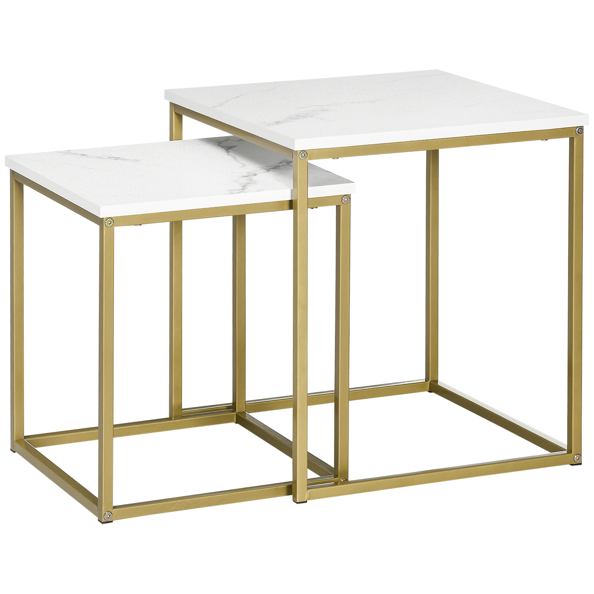 Due tavolini ad incastro con piani bianchi e cornici dorate. Sfondo bianco. Design semplice.