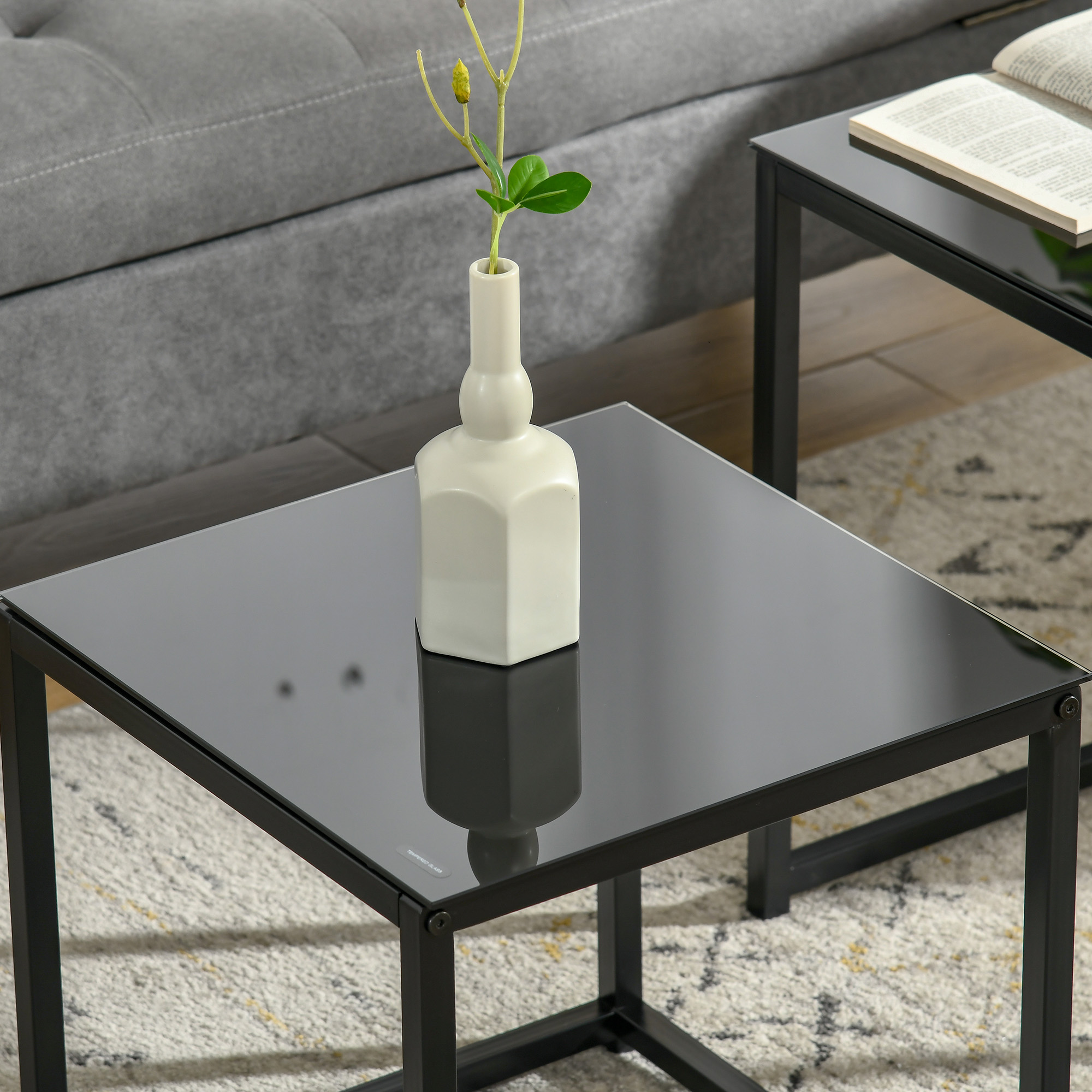 Tavolino quadrato nero con vaso bianco e pianta sopra. Secondo tavolo sullo sfondo.