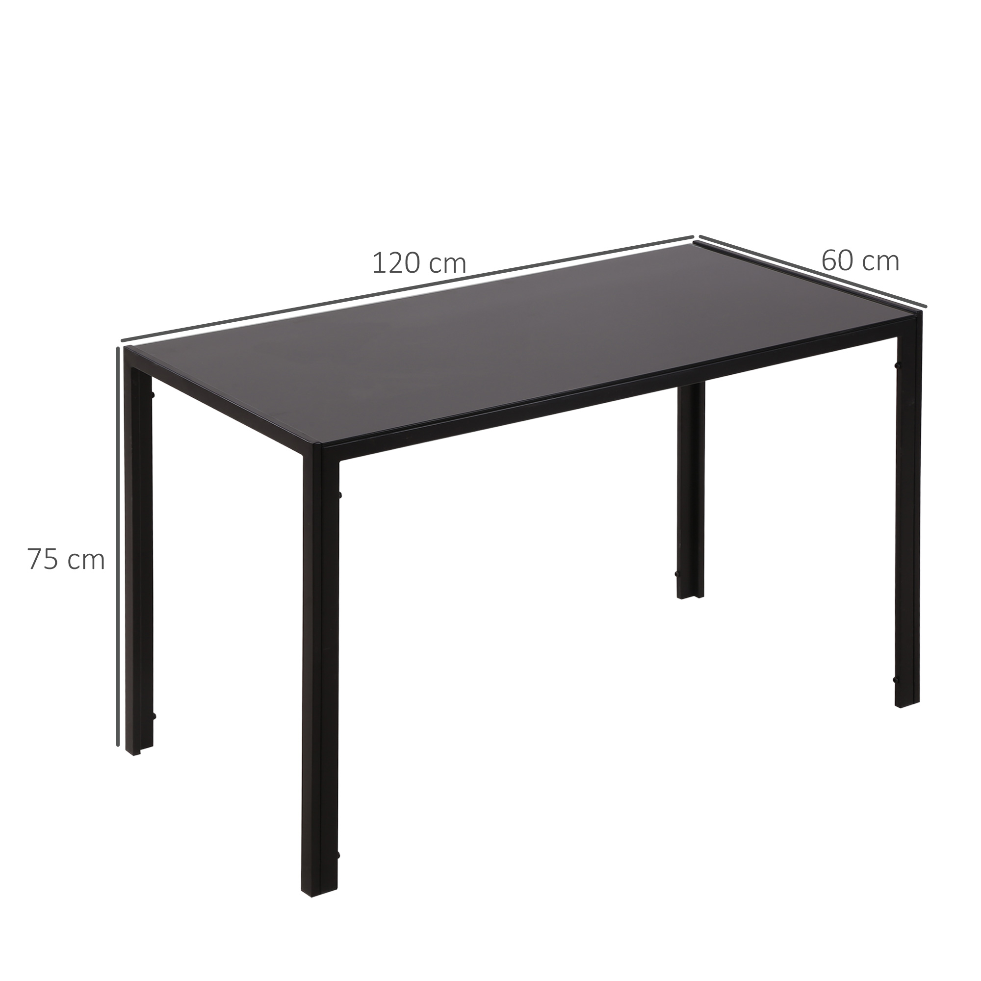 Tavolo rettangolare nero con telaio nero. Le dimensioni sono 120 cm x 60 cm x 75 cm.