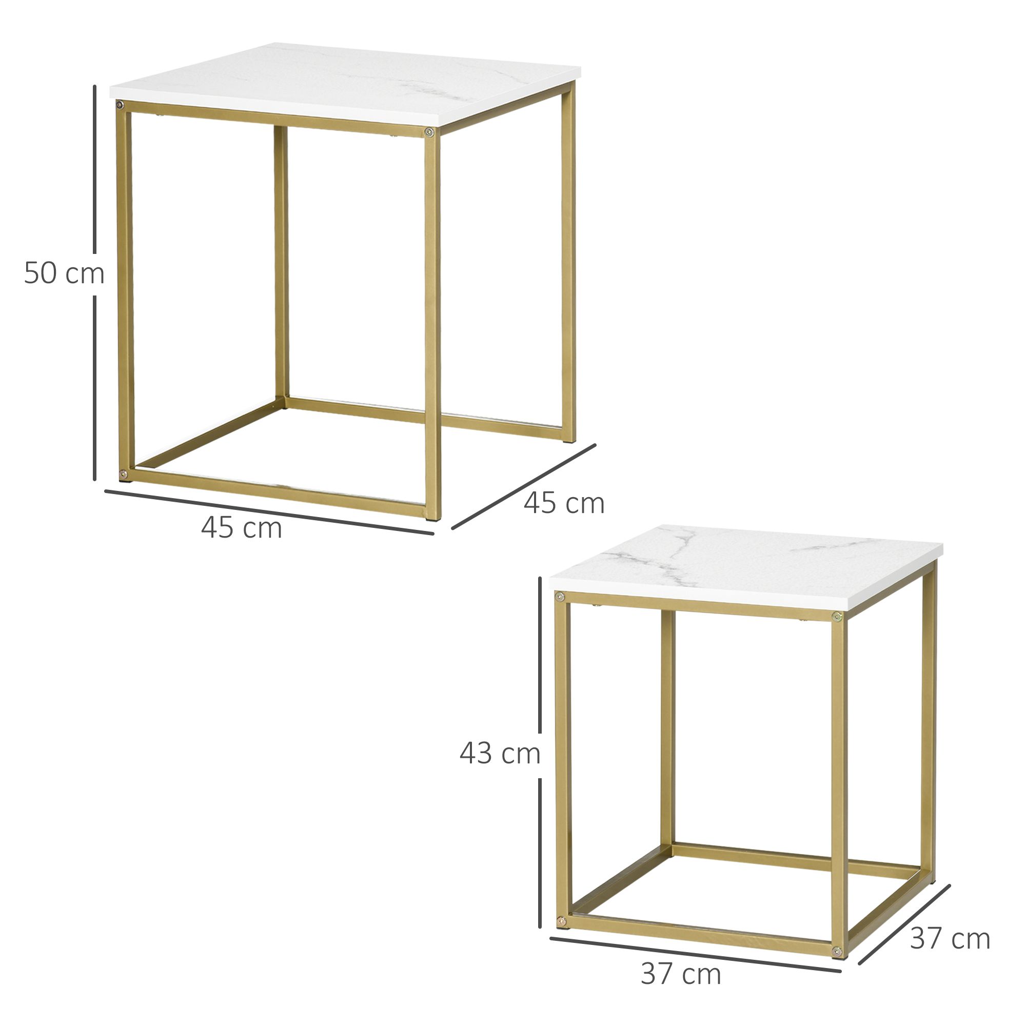 Due tavolini con piano in marmo bianco e struttura dorata. Dimensioni: 45x45x50 cm e 37x37x43 cm.