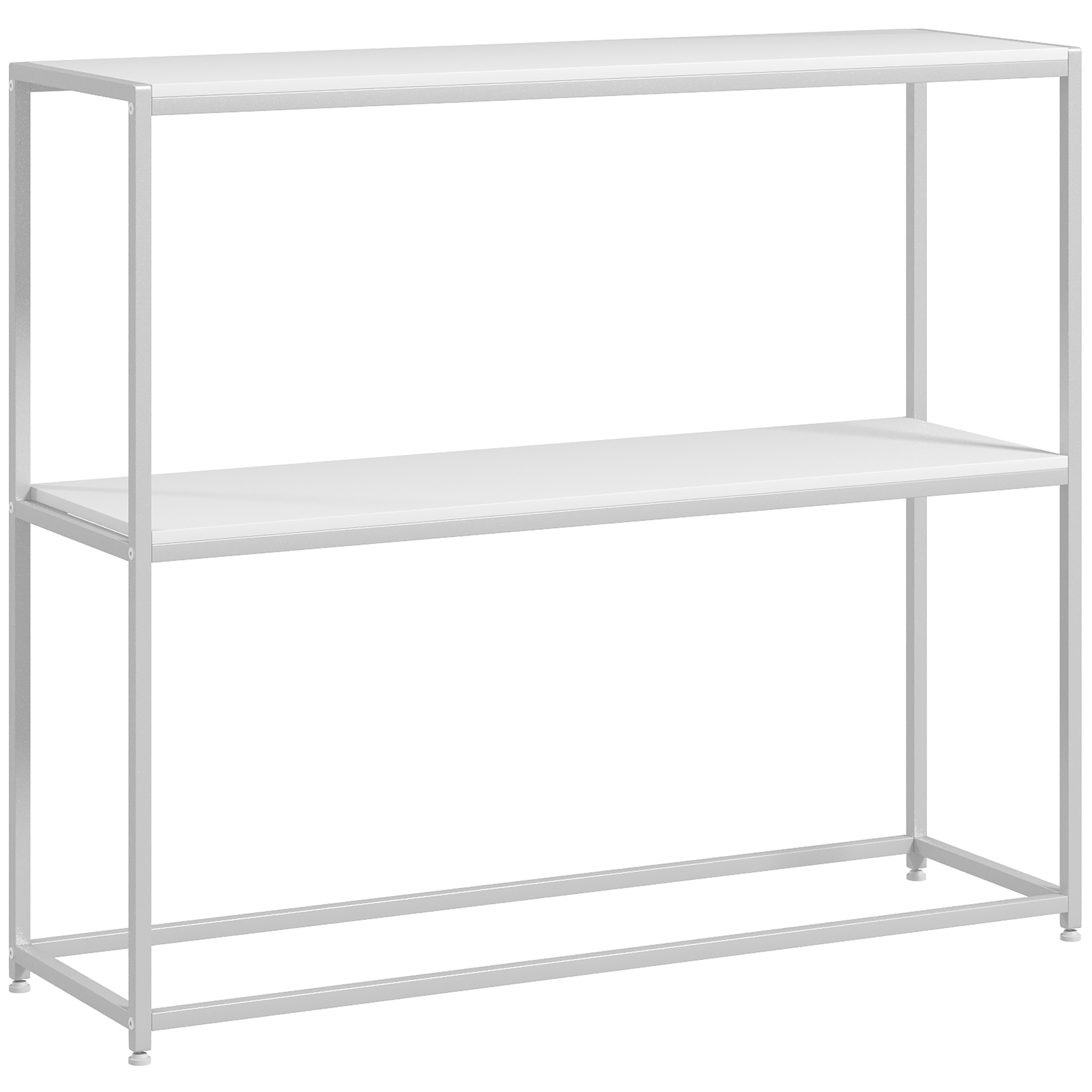 Scaffale con struttura in metallo bianco con due ripiani bianchi. Design pulito e moderno.