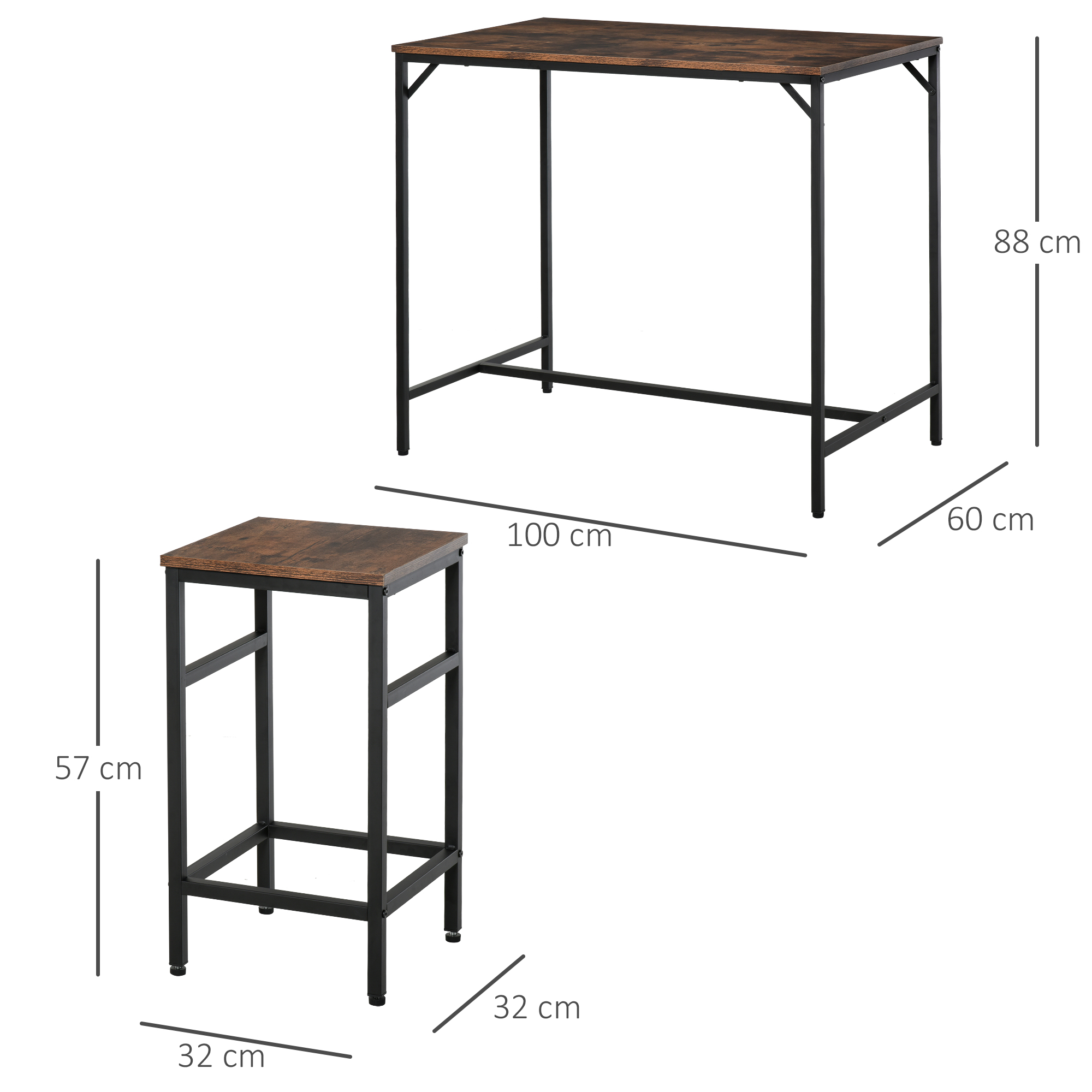 Set tavolo e sgabello da bar. Cornice nera, piano marrone. Dimensioni: 100x60x88cm e 32x32x57cm.