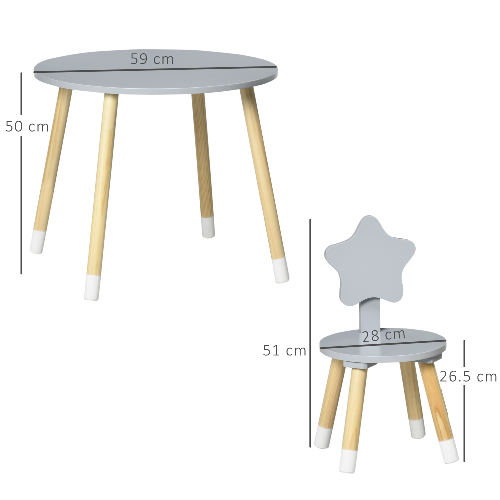 Un tavolo rotondo grigio e una sedia a forma di stella, con dimensioni.