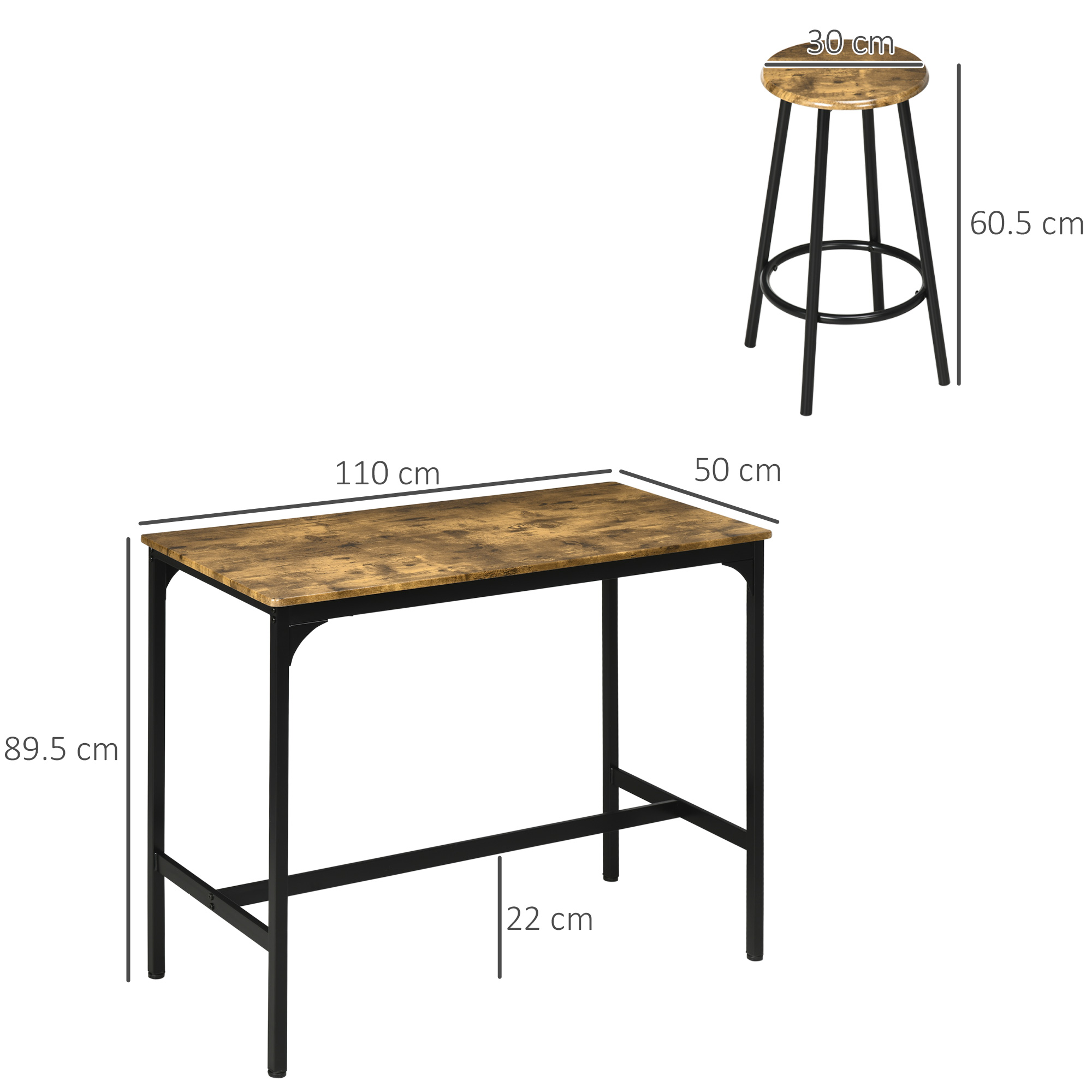 Tavolo alto marrone e nero e uno sgabello da bar. Le dimensioni sono indicate sul tavolo e sullo sgabello.