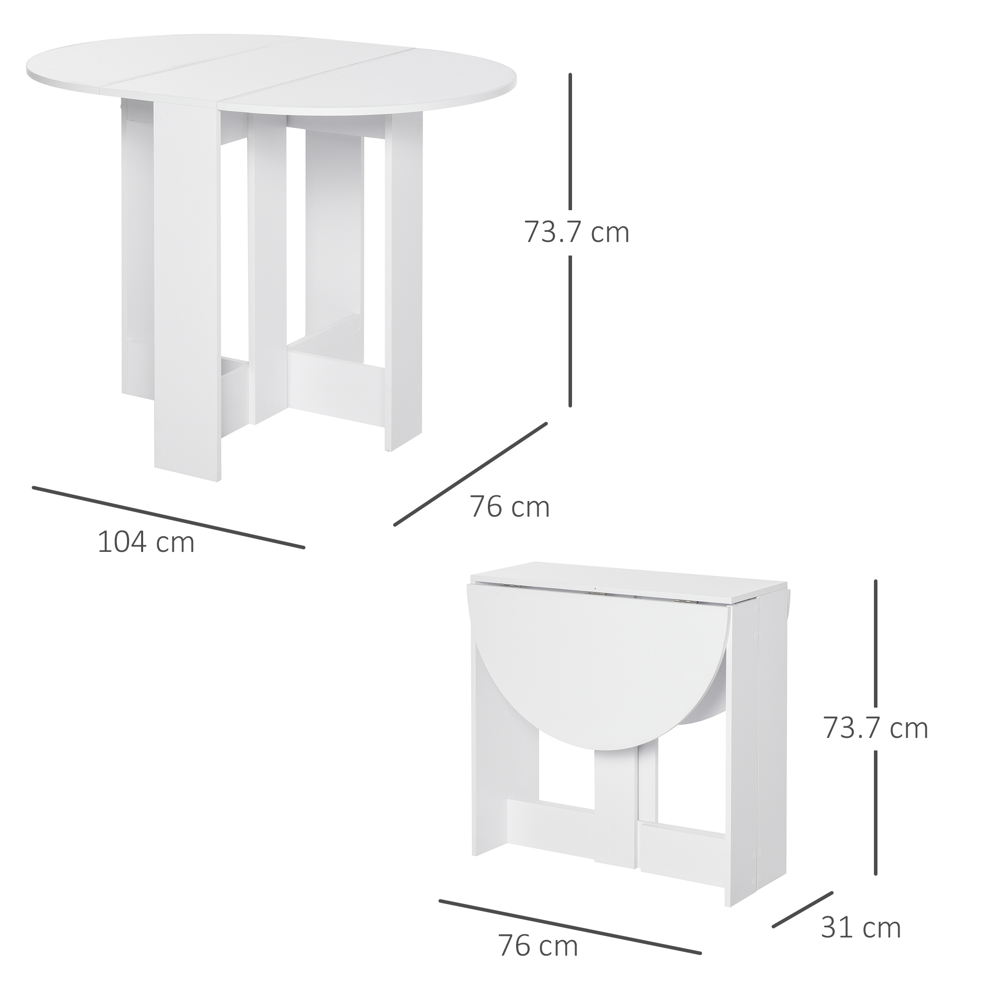 Tavolo pieghevole bianco, rotondo, con dimensioni etichettate. Viste aperta e chiusa.