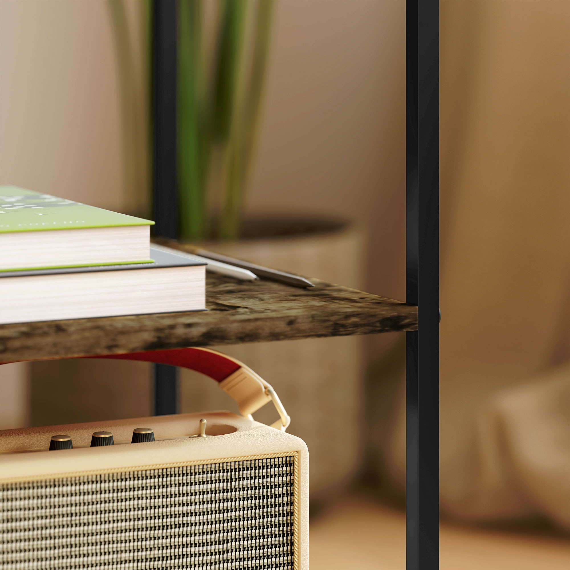 Bücher, Stift und Lautsprecher stehen auf einem Holzregal mit Pflanze im Hintergrund.