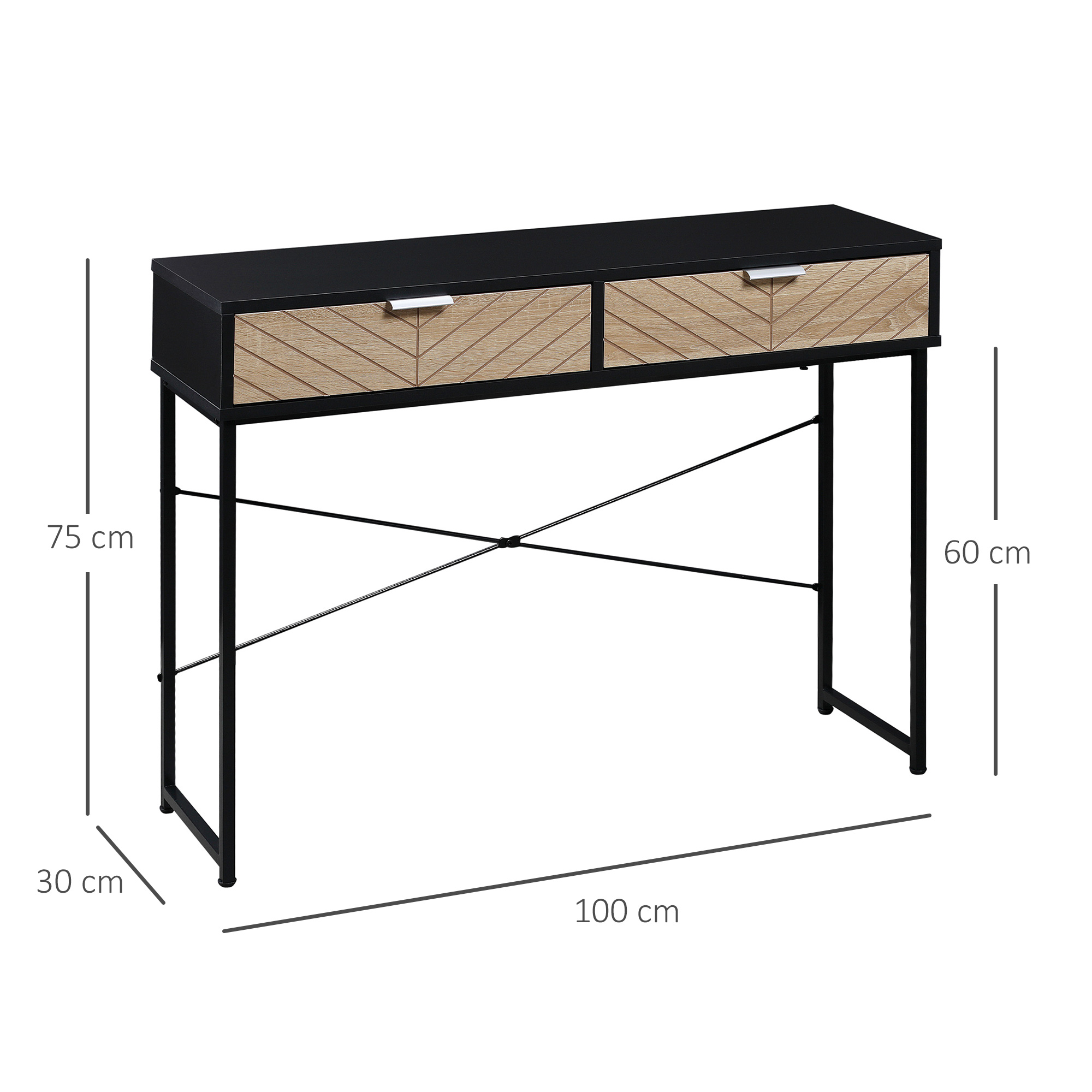 Tavolo consolle nero e legno con due cassetti. Dimensioni: 100x30x75 cm, con gambe in metallo nero.
