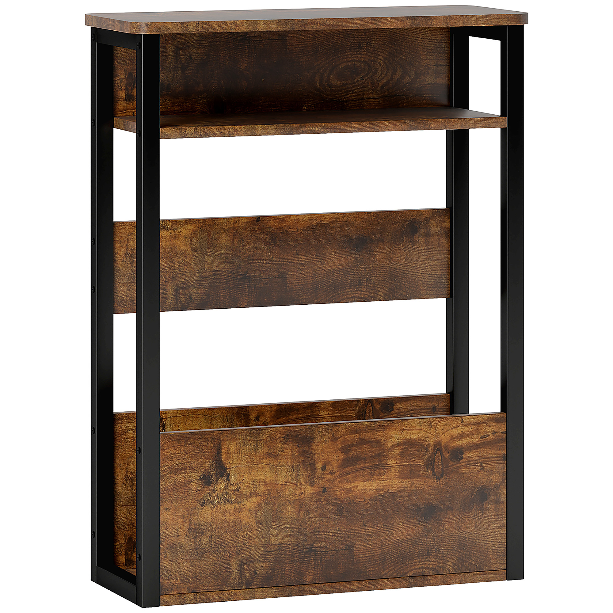 Scaffale in legno marrone con tre ripiani e struttura in metallo nero. Stile rustico.