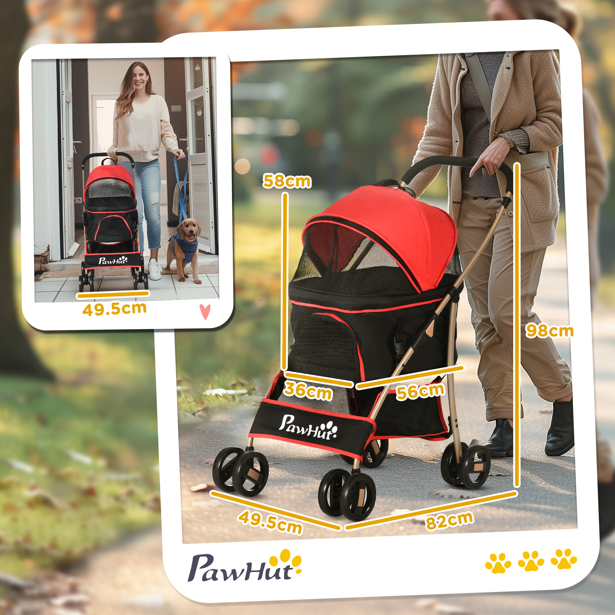 Una donna con un cane. Passeggino per animali domestici con dimensioni. Colore rosso e nero. Su un sentiero all'aperto.