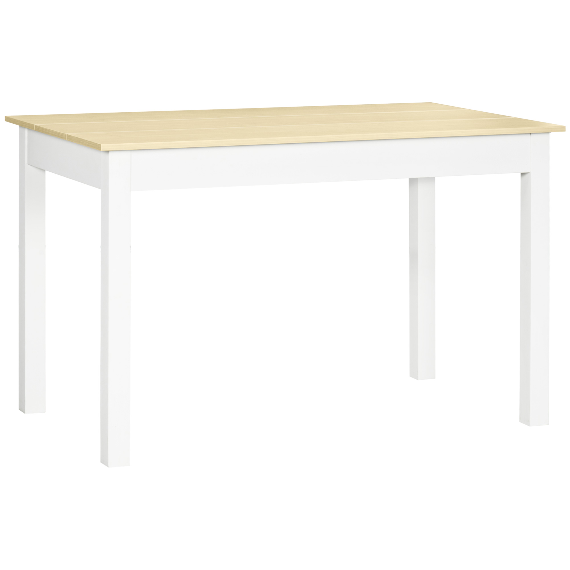 Un tavolo bianco con piano in legno chiaro e quattro gambe bianche, su sfondo bianco.
