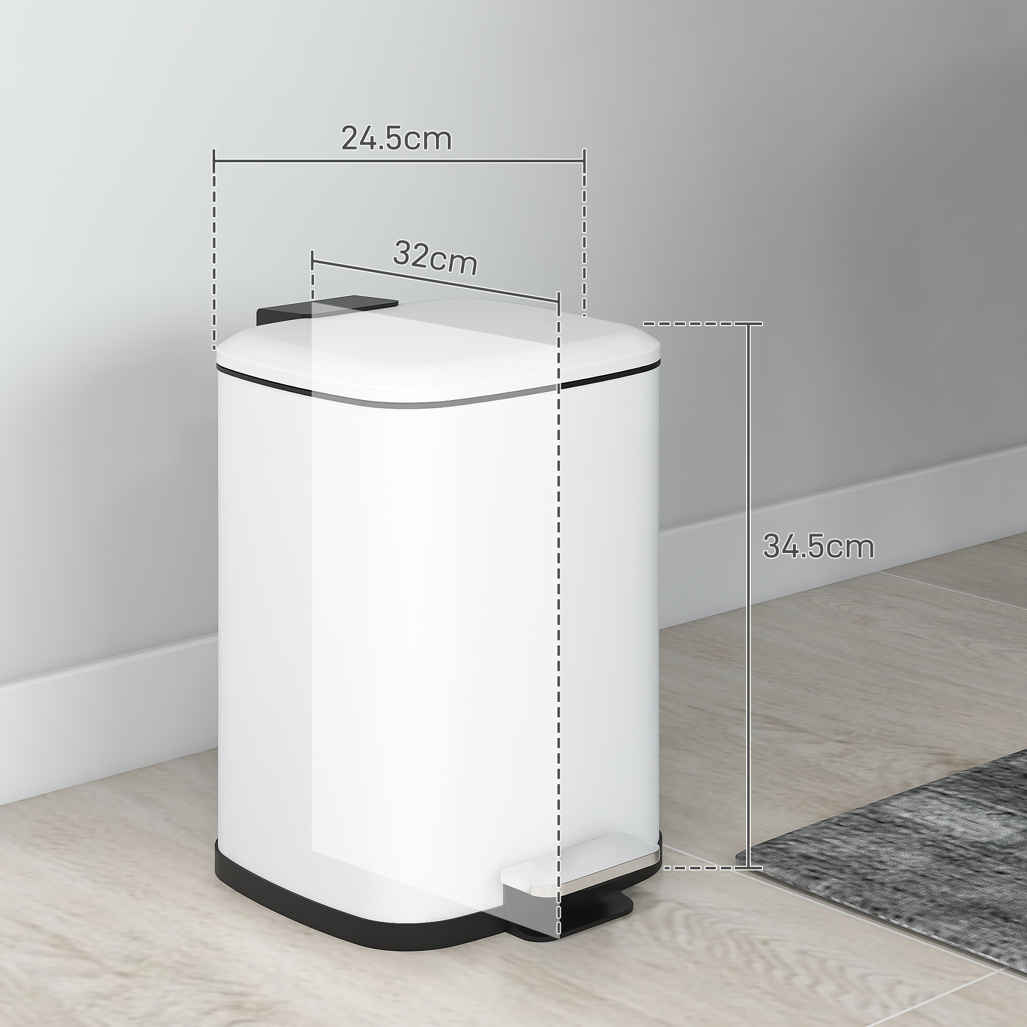 Un bidone della spazzatura bianco con coperchio e pedale. Le dimensioni sono indicate. Si trova su un pavimento chiaro.