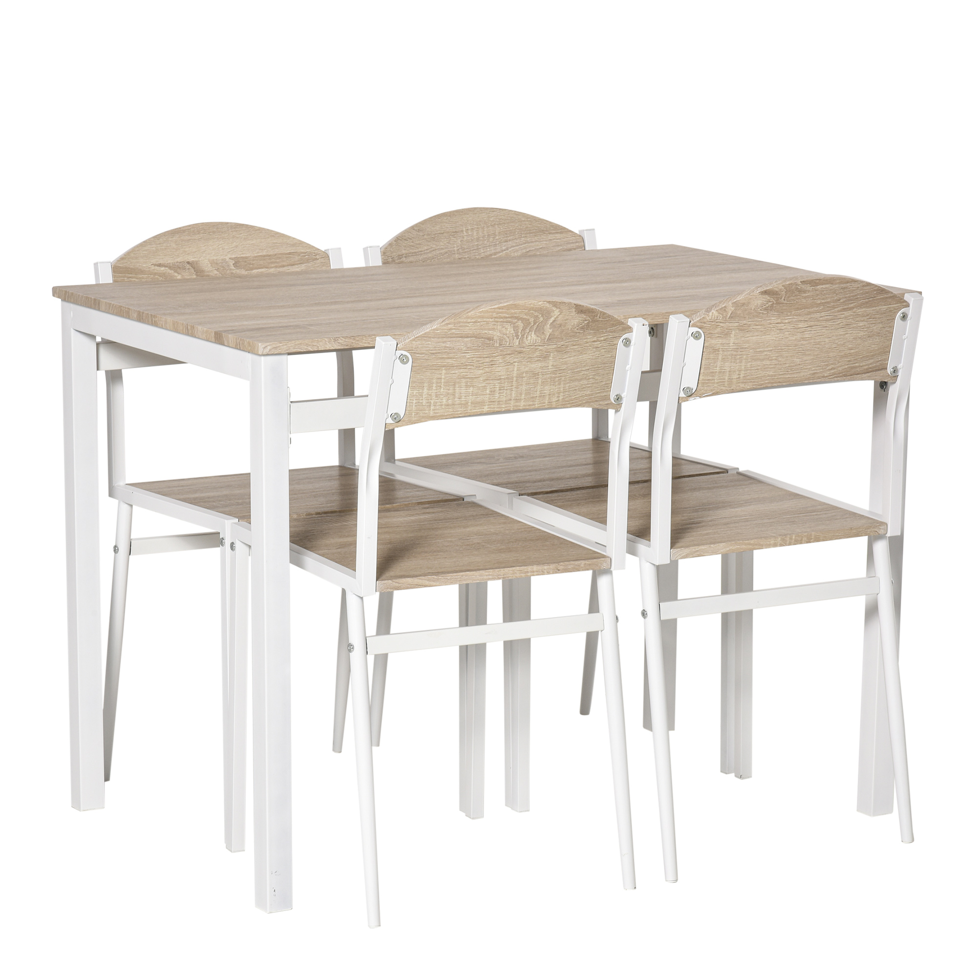 Un tavolo da pranzo con quattro sedie. Il tavolo e le sedie sono in legno chiaro e telaio bianco.