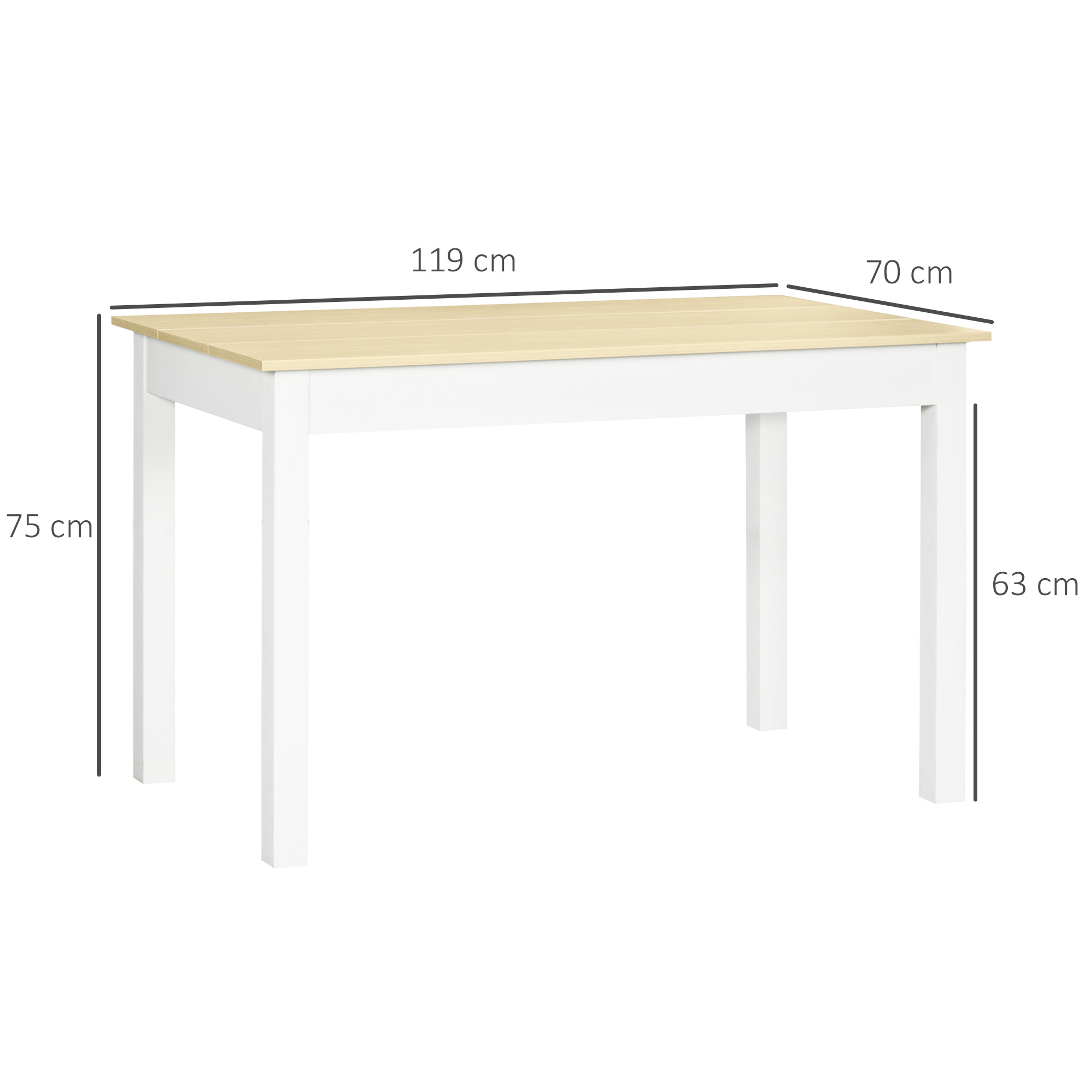 Tavolo bianco con dimensioni. Il tavolo ha un piano in legno e gambe bianche. Le dimensioni sono indicate.