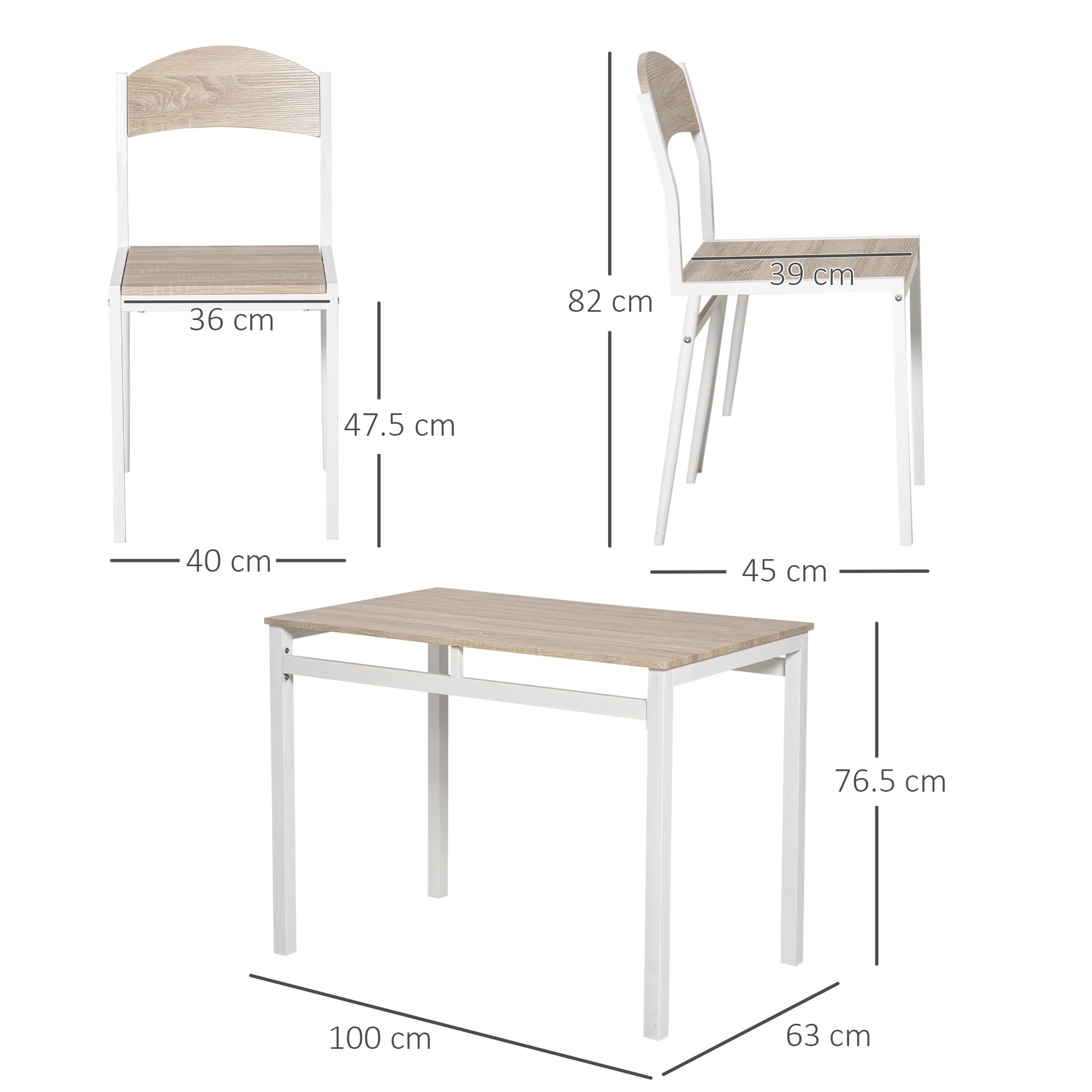 Un tavolo da pranzo e due sedie con dimensioni in centimetri.