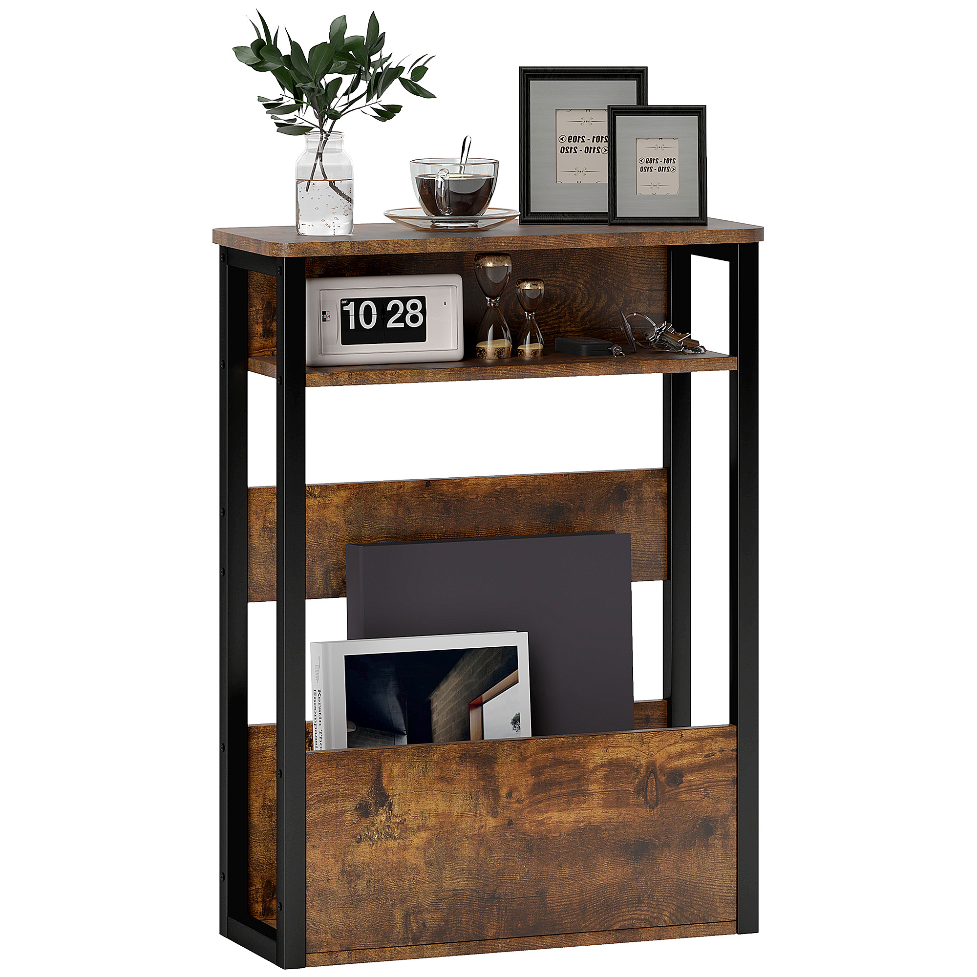Libreria in legno con decorazioni, libri e orologio. Struttura in metallo nero.