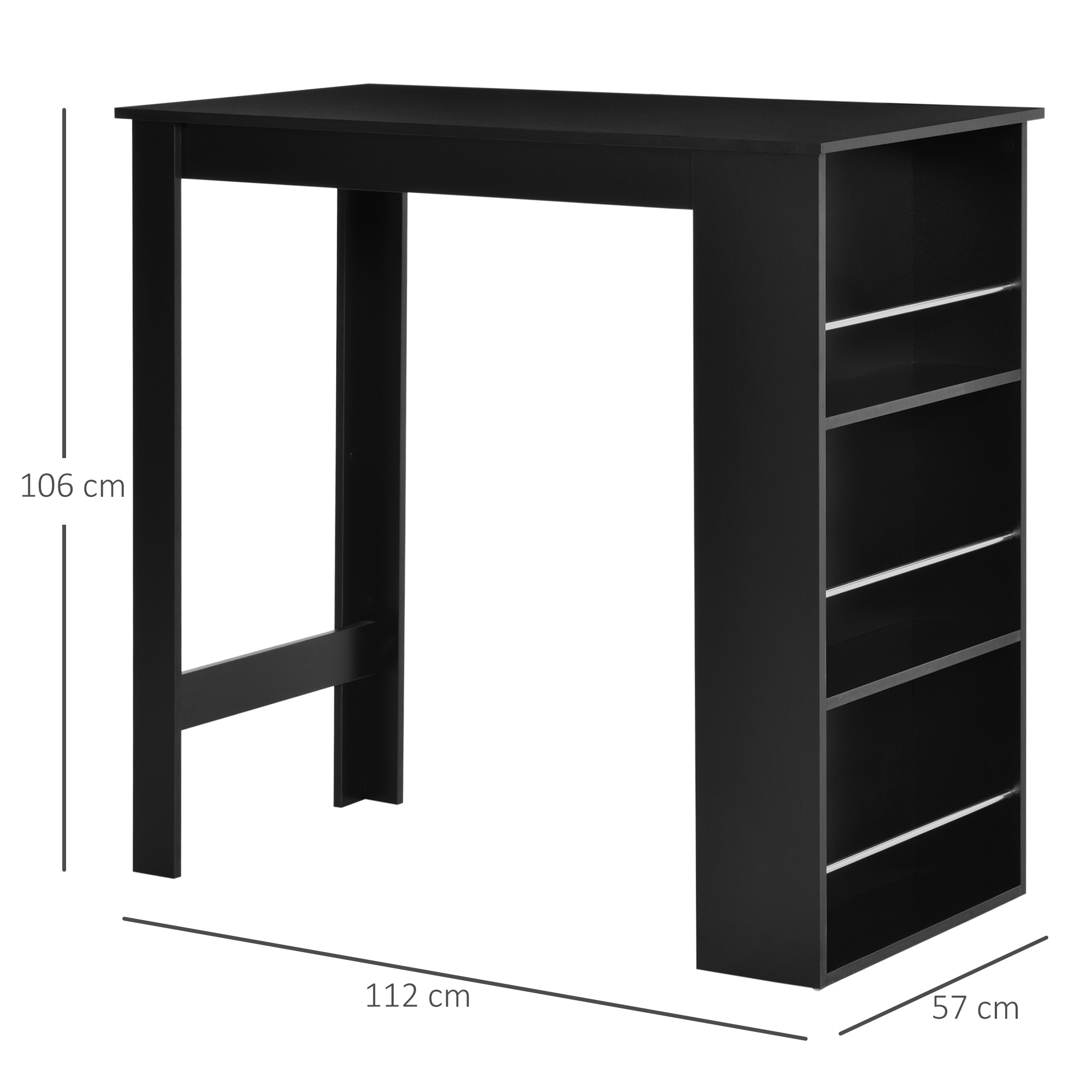 Tavolo da bar nero con vano portaoggetti laterale. Sfondo bianco. Le dimensioni sono 112x57x106 cm.