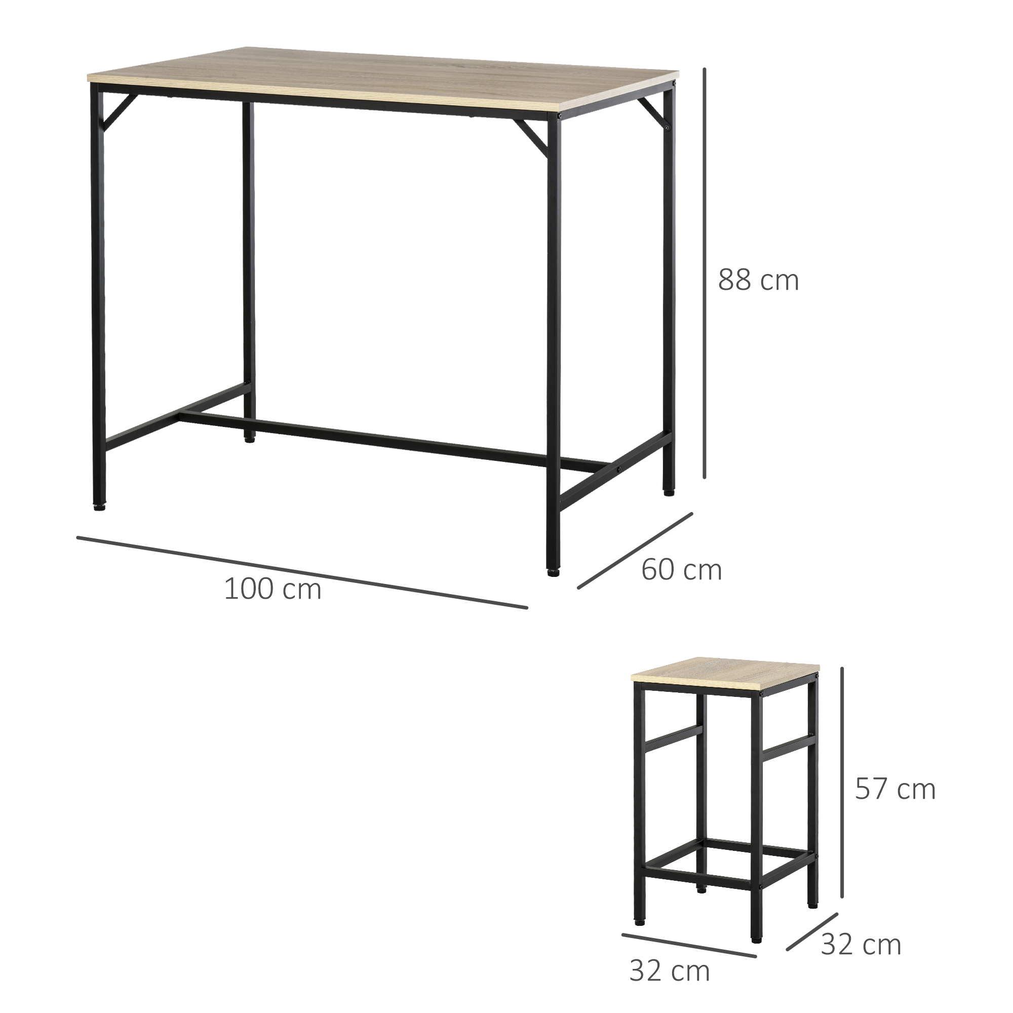 Un tavolo alto e rettangolare con gambe nere e piano in legno. Un tavolo più piccolo è posto accanto.