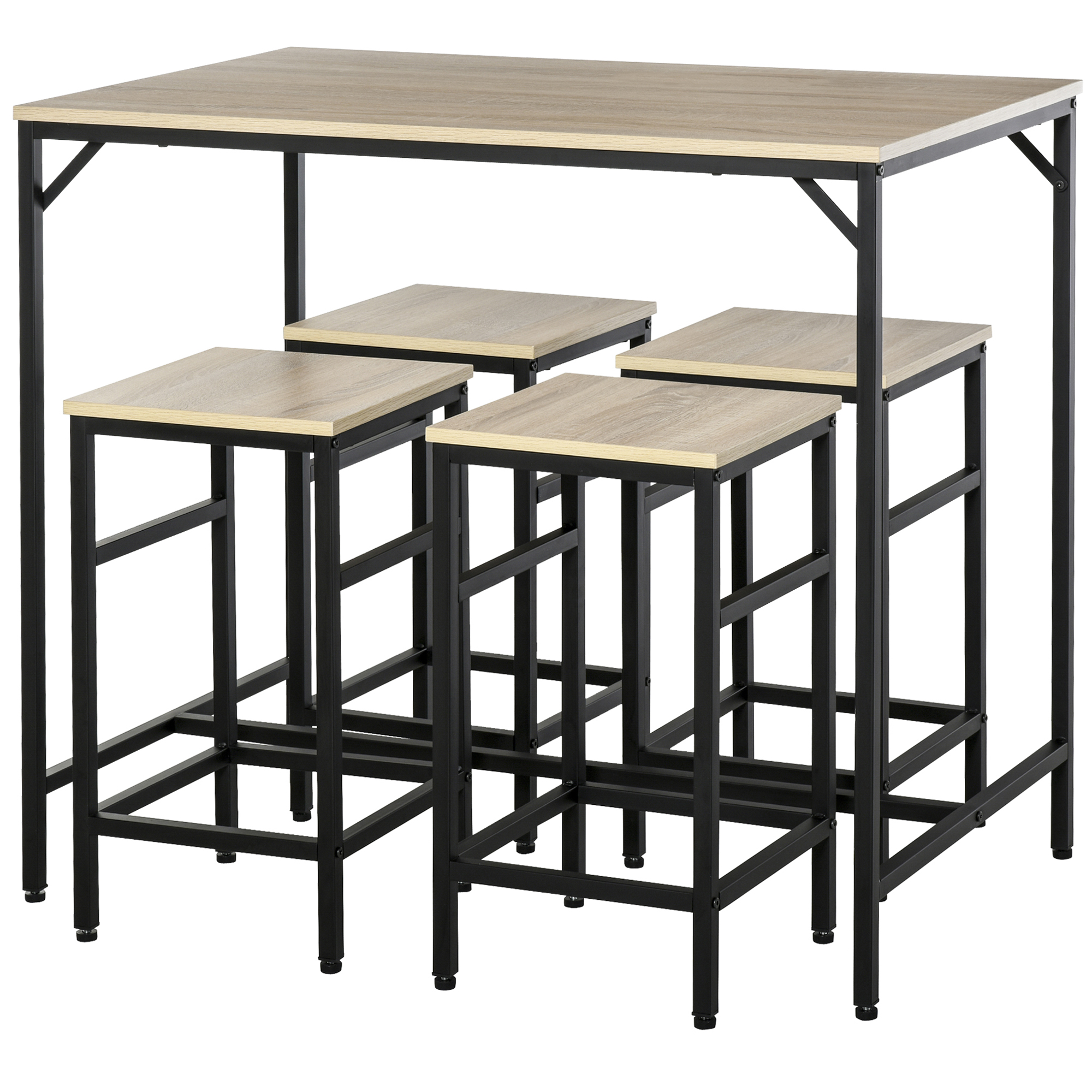 Tavolo alto e quattro sgabelli. Strutture in metallo nero e superfici in legno chiaro.