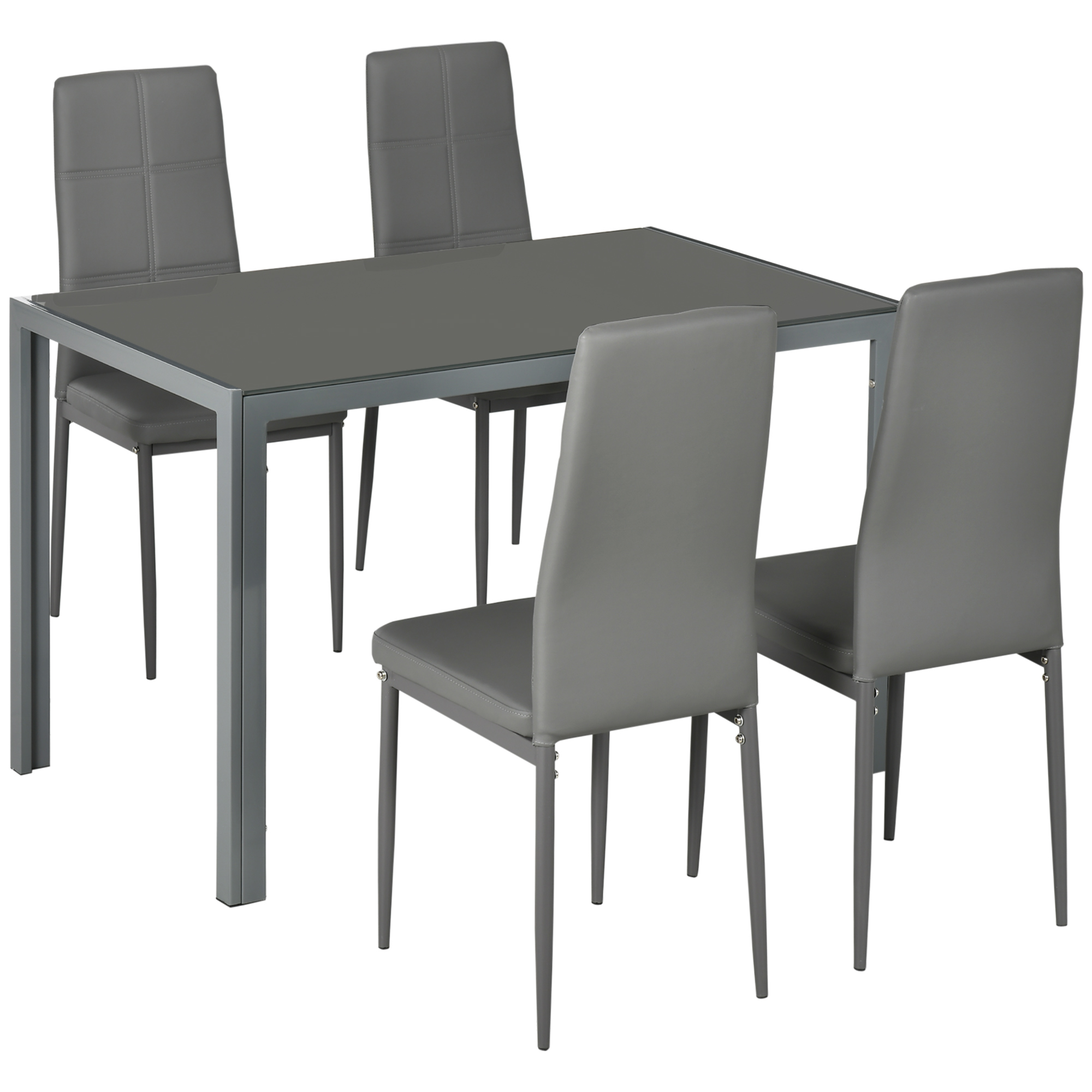 Set da pranzo con quattro sedie grigie e un tavolo grigio. Strutture in metallo. Sfondo bianco.