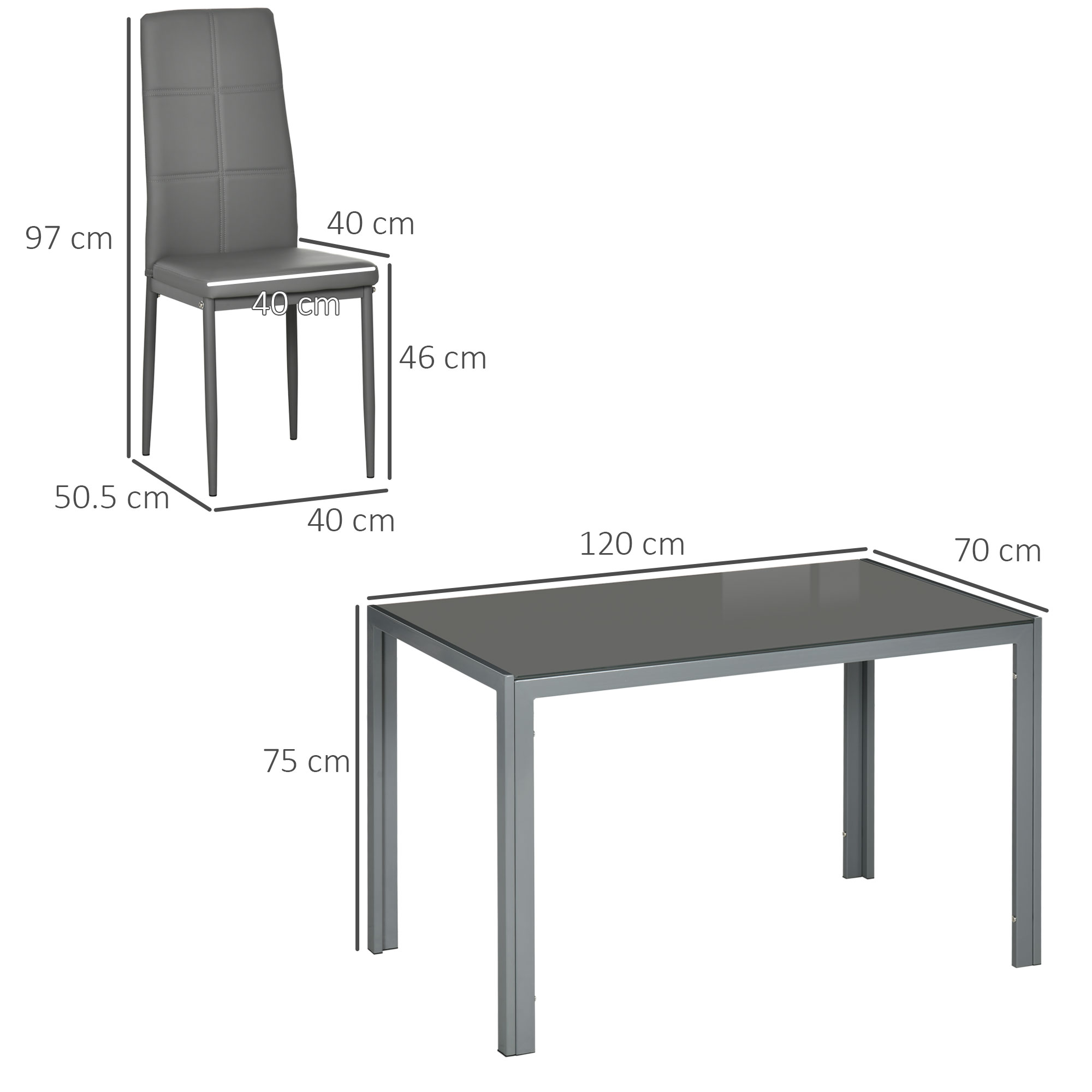Tavolo da pranzo con una sedia. Le dimensioni di entrambi sono indicate.